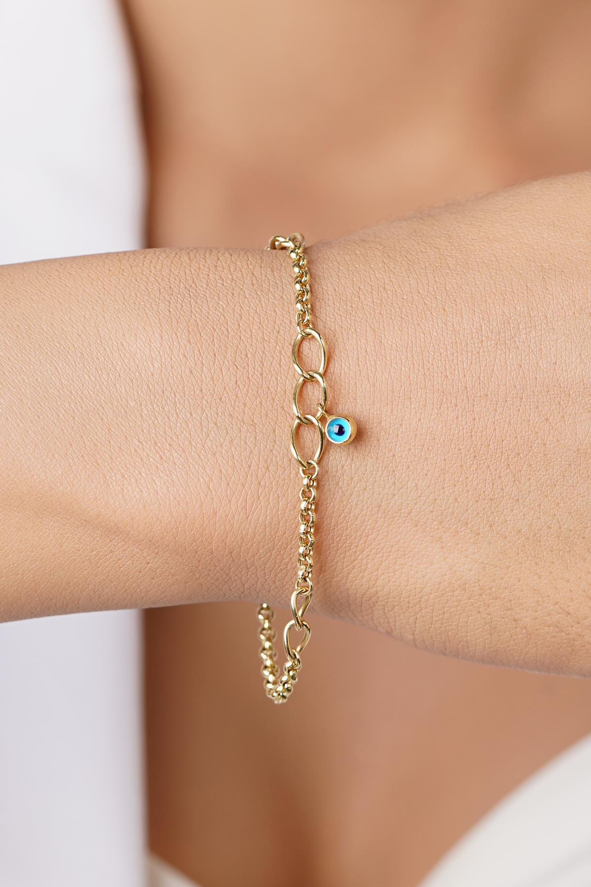 14K Gold Evil Eye Dangle Rolo Bracelet