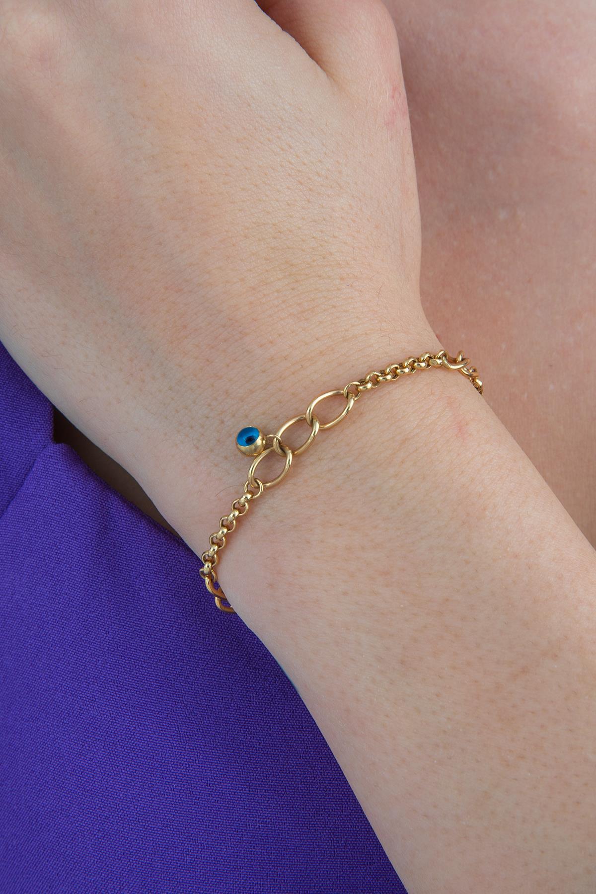 14K Gold Evil Eye Dangle Rolo Bracelet