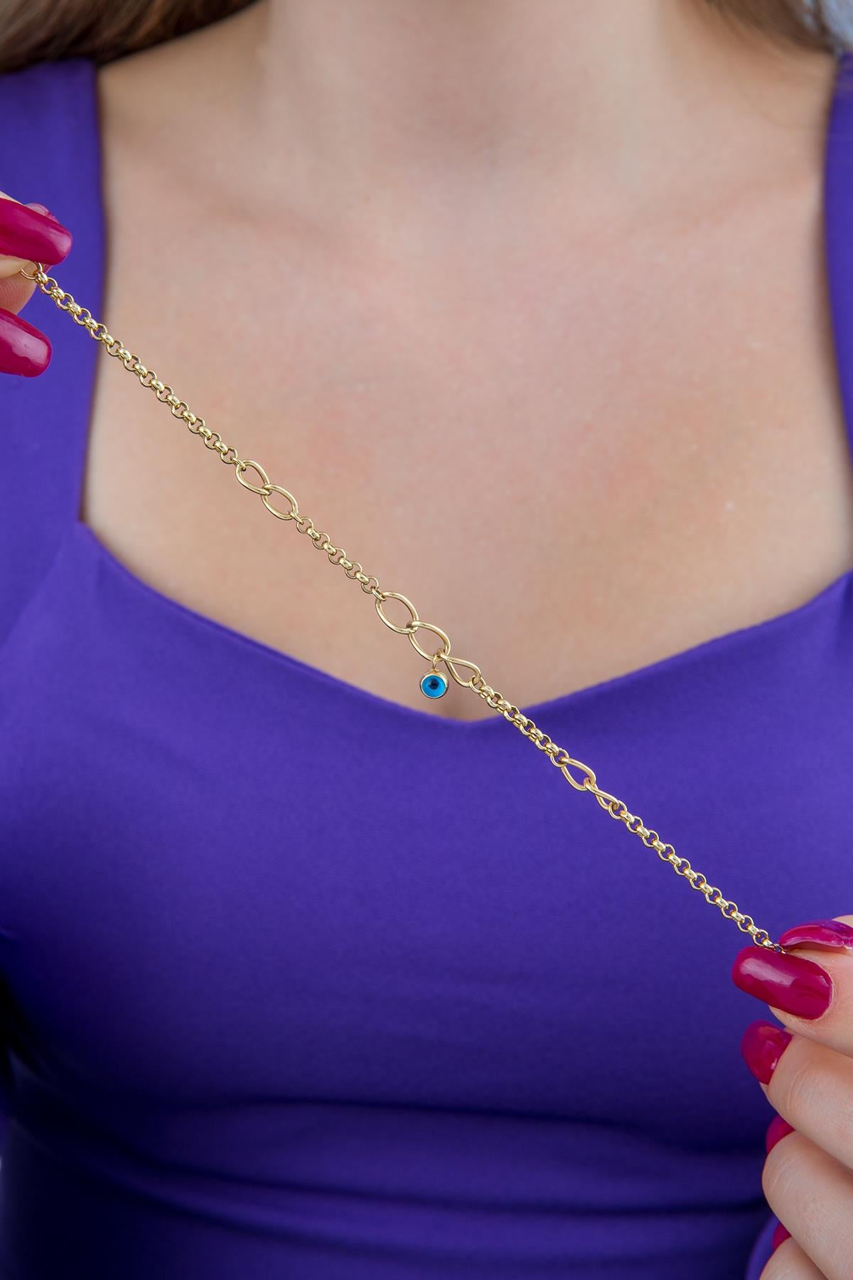 14K Gold Evil Eye Dangle Rolo Bracelet