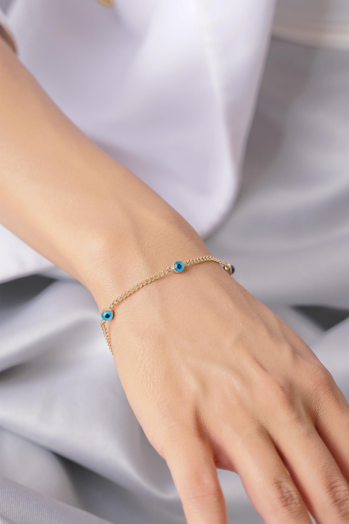 14K Gold Evil Eye on Cuban Chain Bracelet