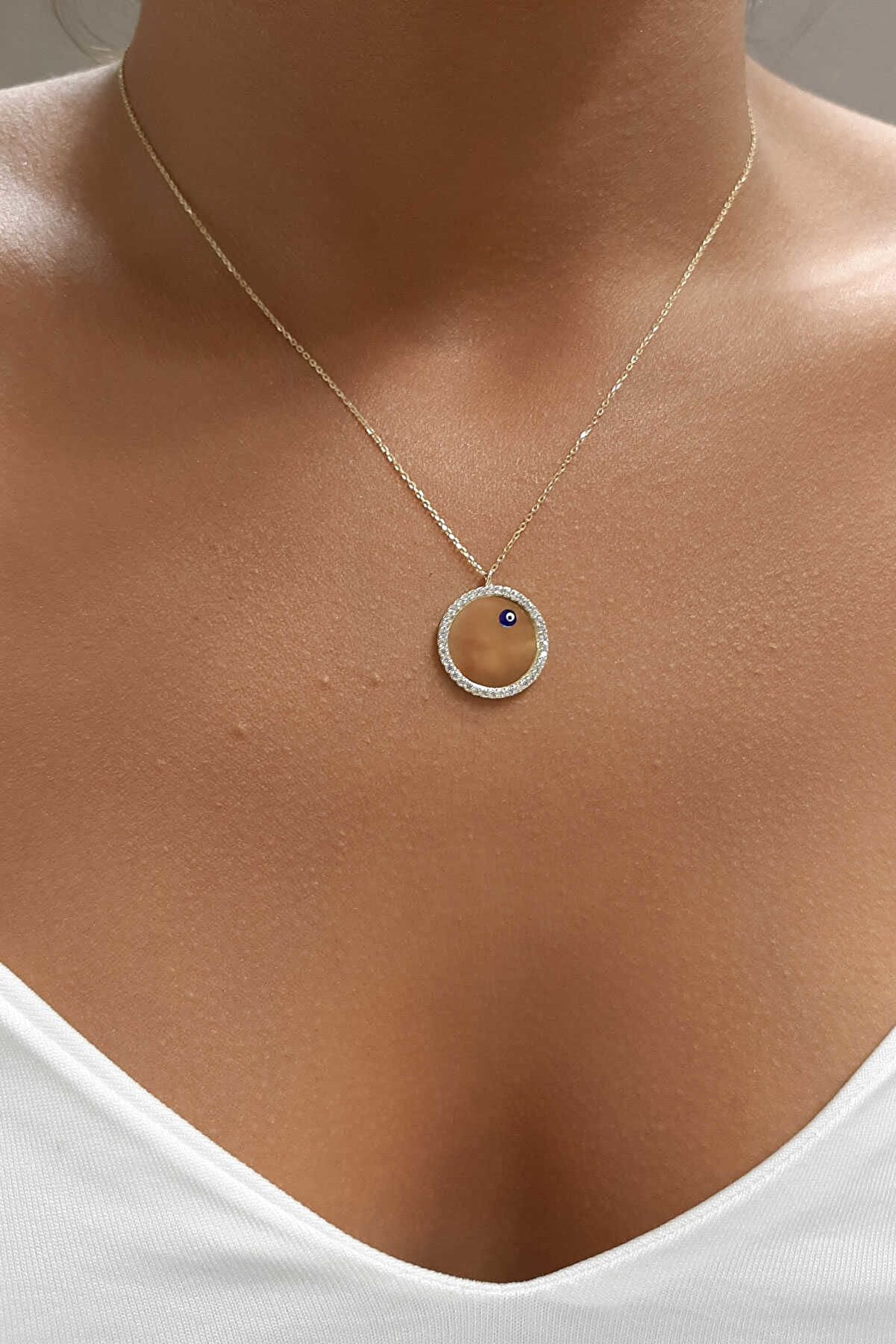 14K Gold Evil Eye Oval Plate Necklace
