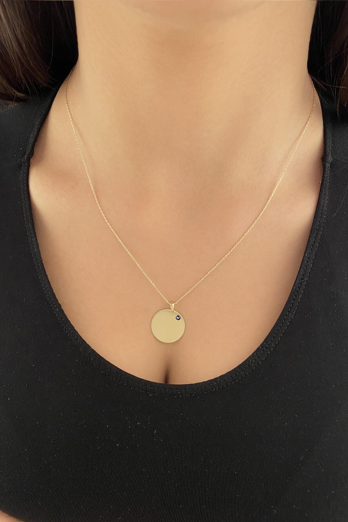 14K Gold Evil Eye Oval Plate Necklace