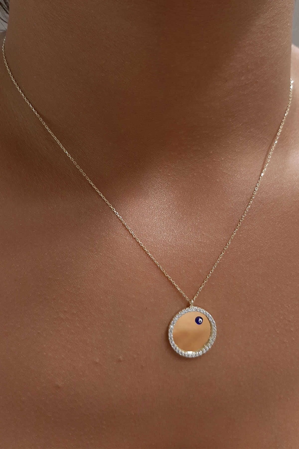 14K Gold Evil Eye Oval Plate Necklace