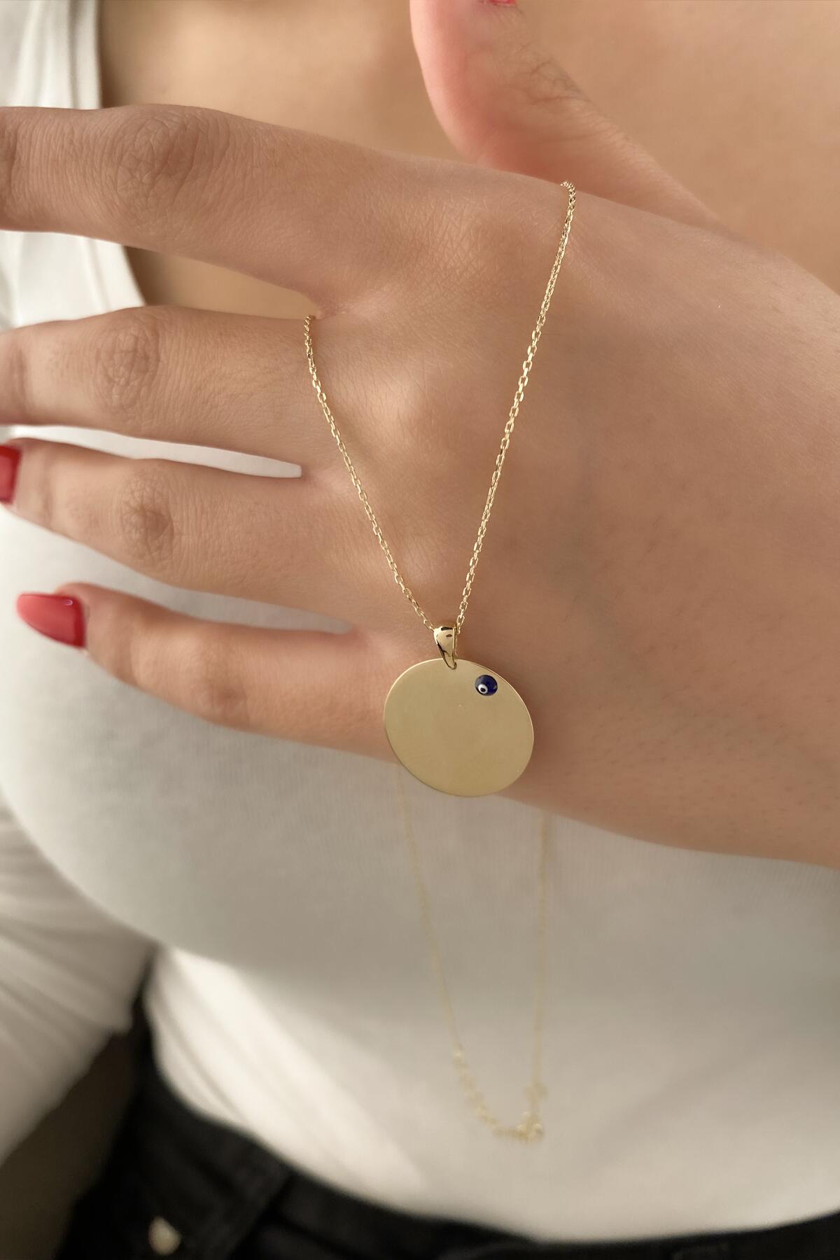 14K Gold Evil Eye Oval Plate Necklace
