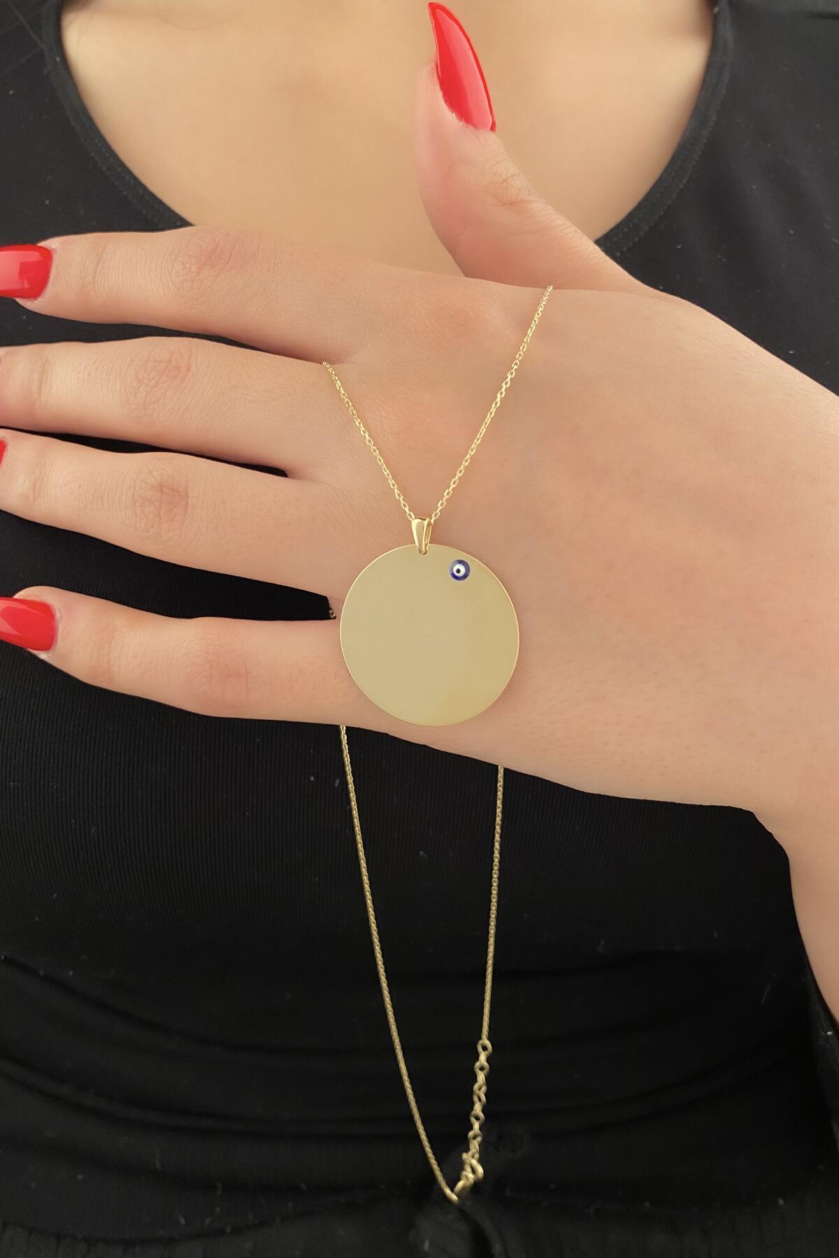 14K Gold Evil Eye Oval Plate Necklace