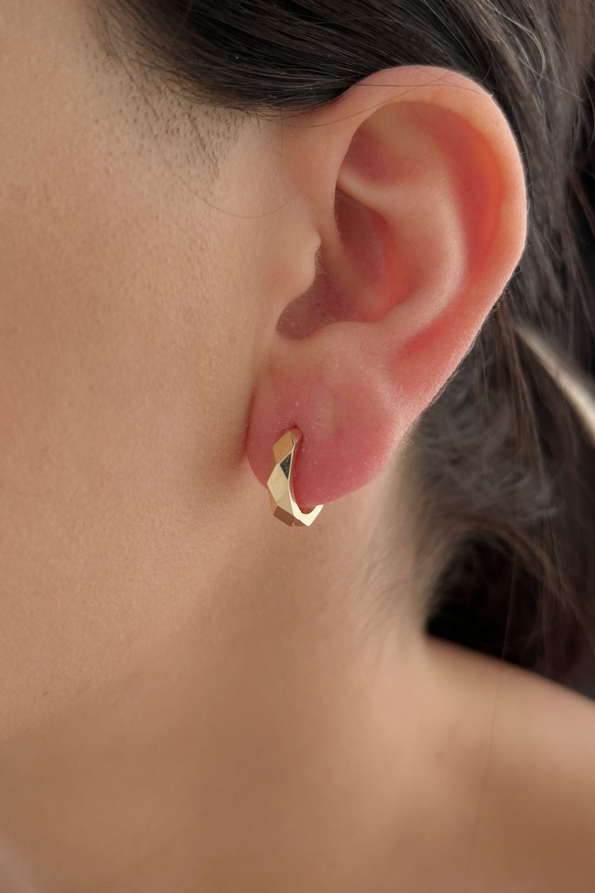 14K Gold Faceted Huggie Earrings