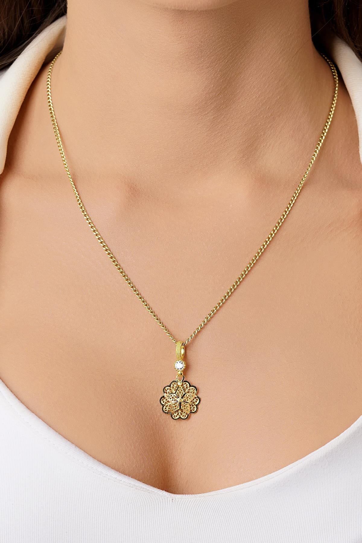 14K Gold Filigree Rose Necklace, Curb Chain