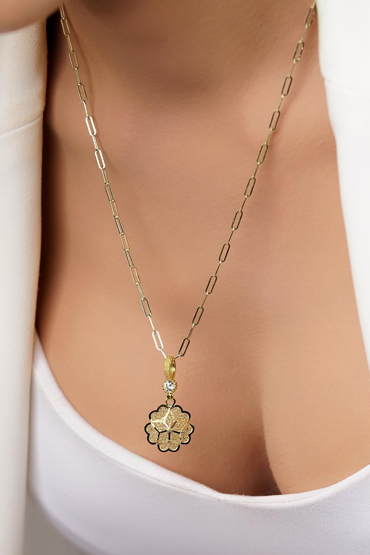 14K Gold Filigree Rose on Paperclip Chain