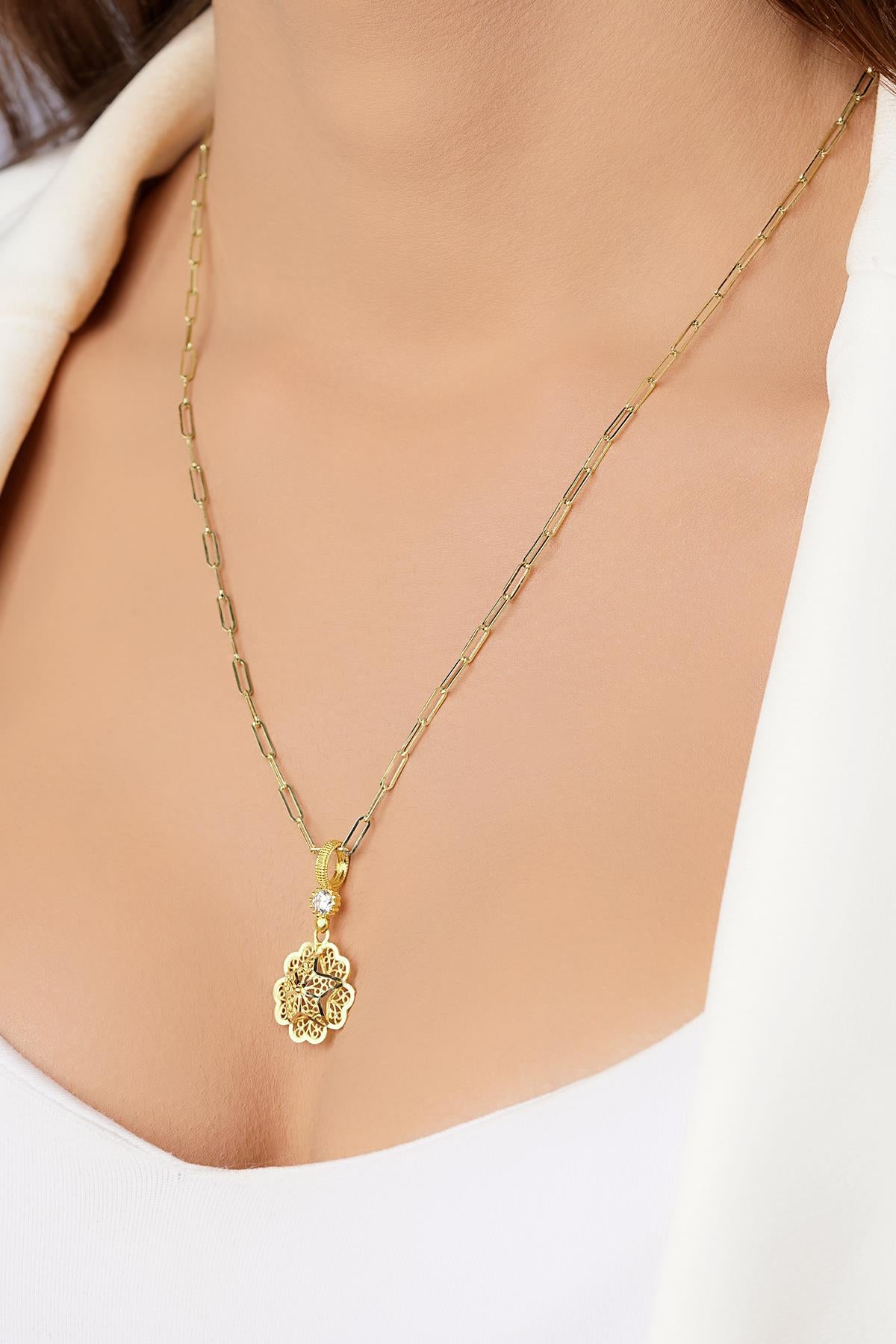 14K Gold Filigree Rose on Paperclip Chain