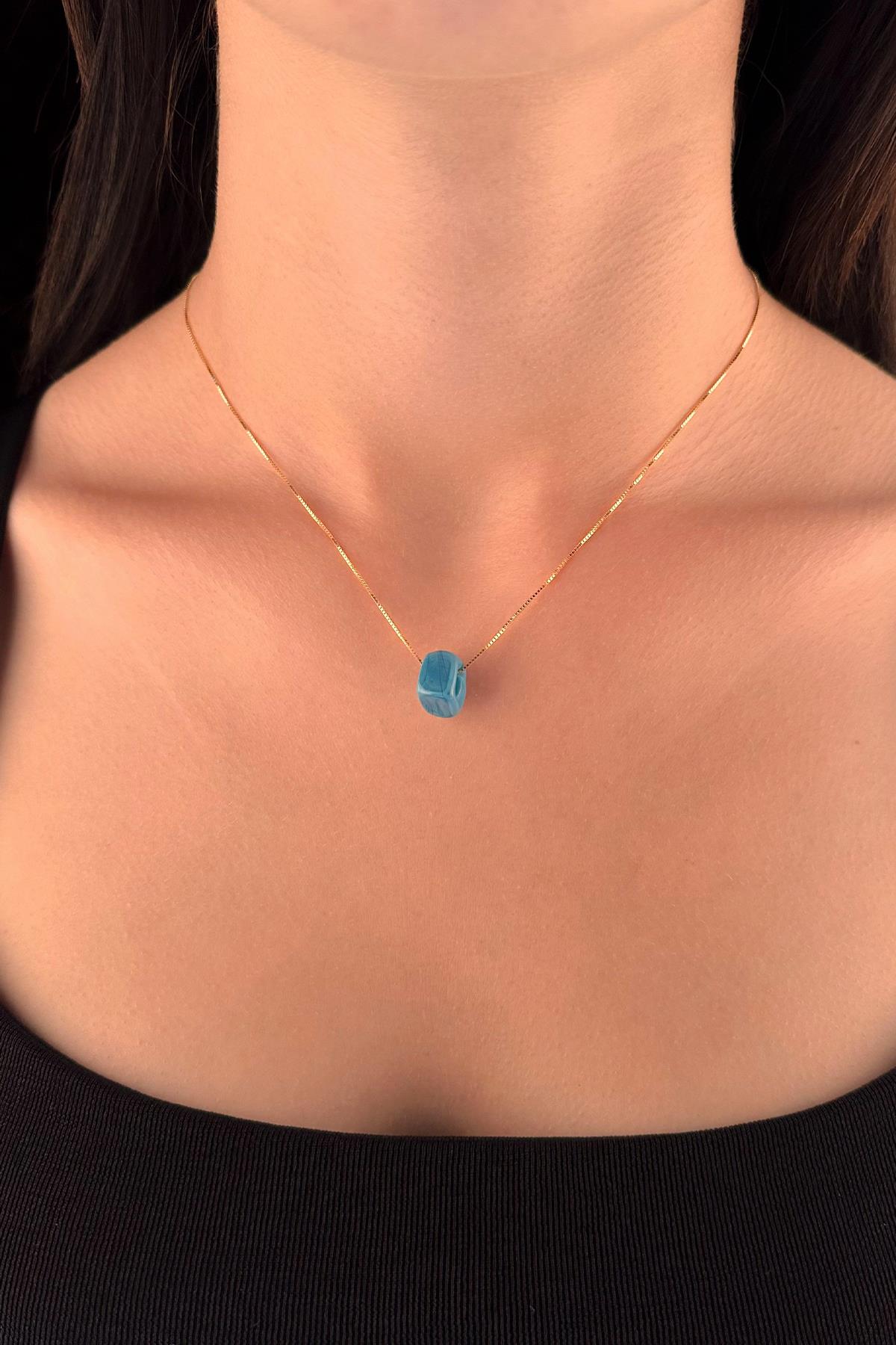 14K Gold Fine Box Chain Blue Box Necklace