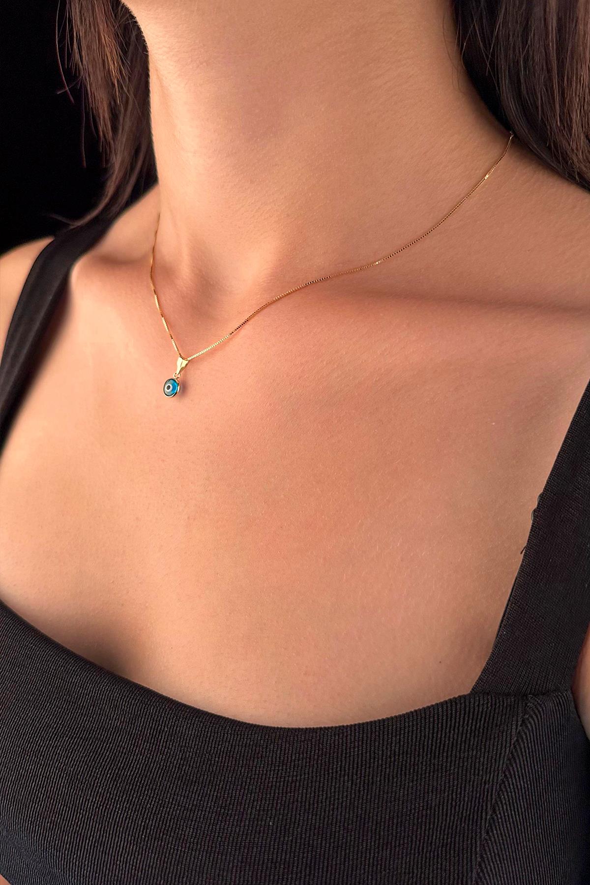 14K Gold Fine Box Chain Evil Eye Necklace