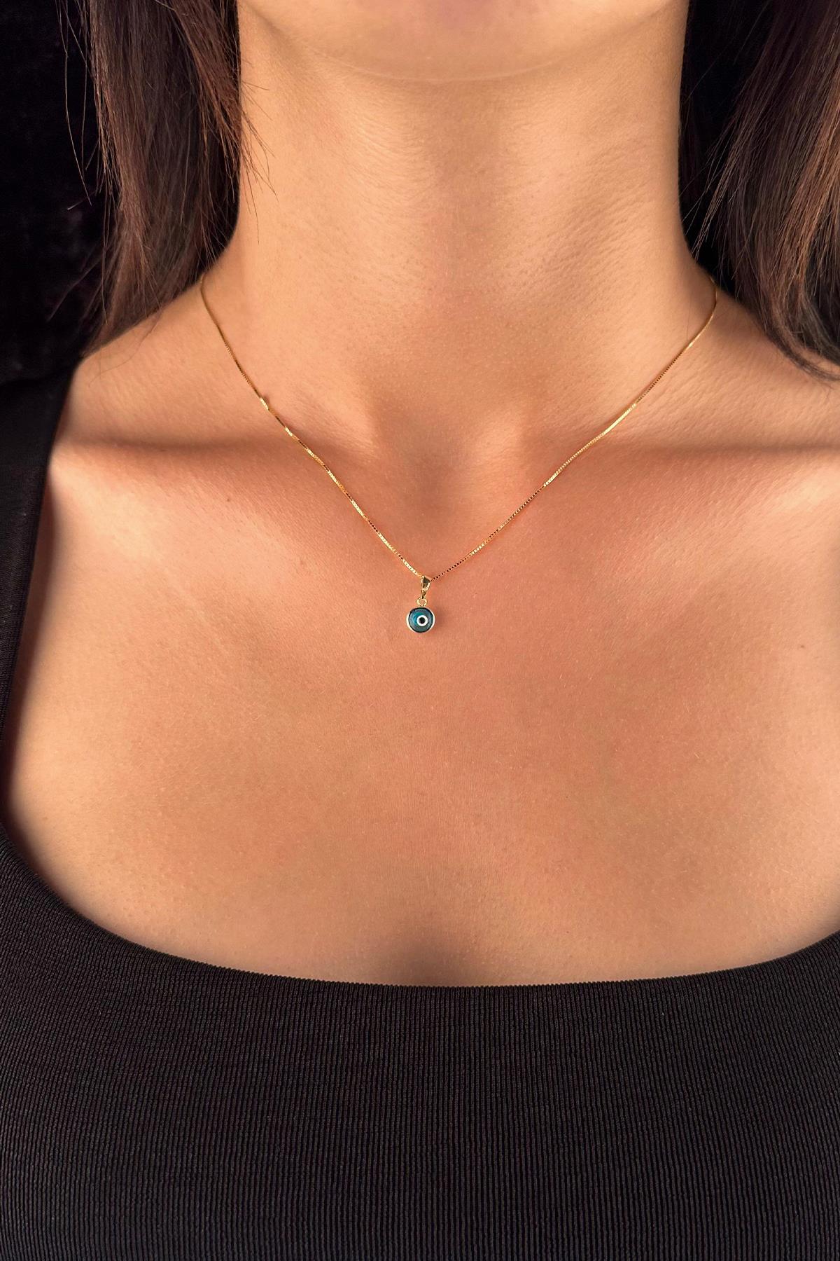 14K Gold Fine Box Chain Evil Eye Necklace