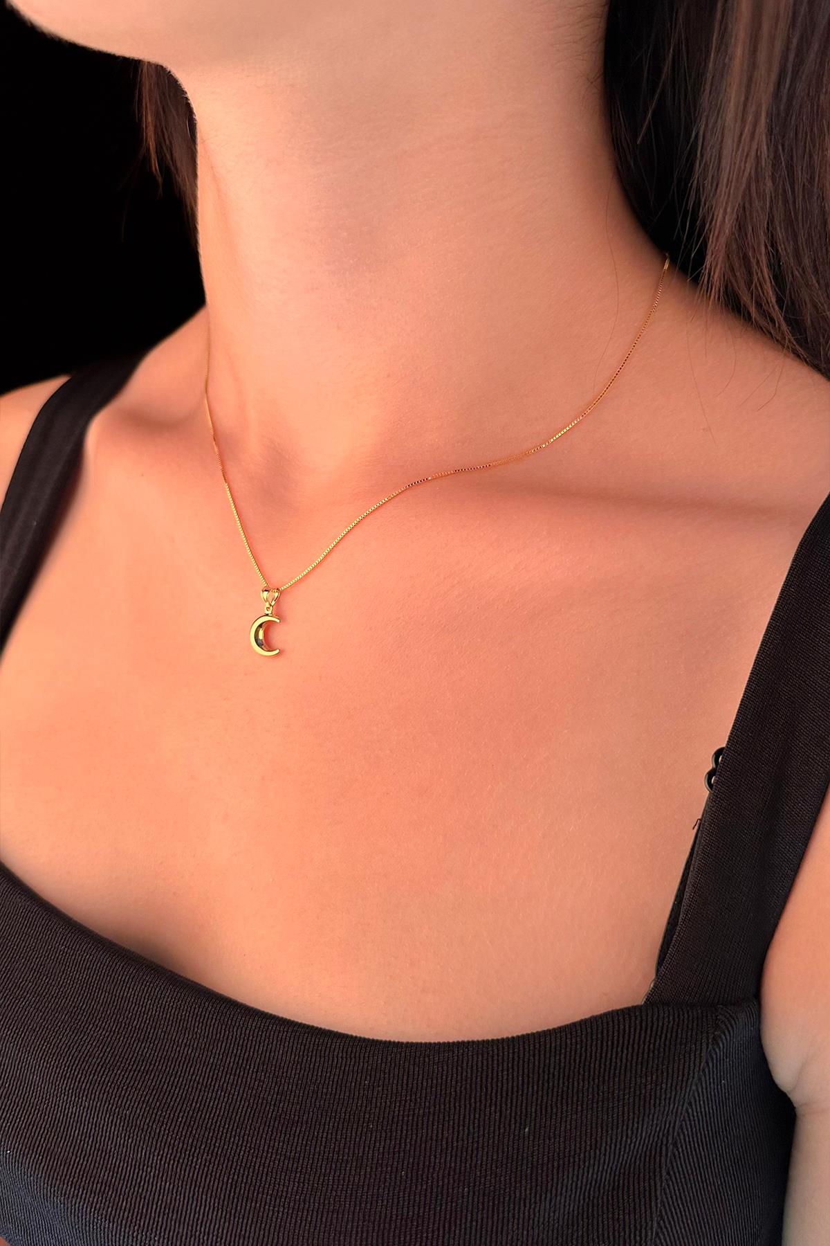 14K Gold Fine Box Chain Puff Crescent Necklace