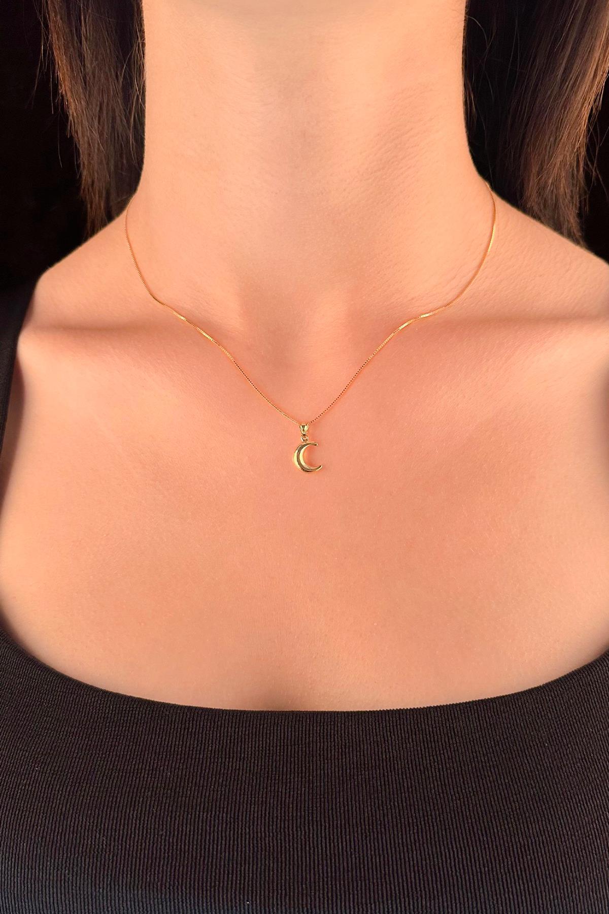 14K Gold Fine Box Chain Puff Crescent Necklace