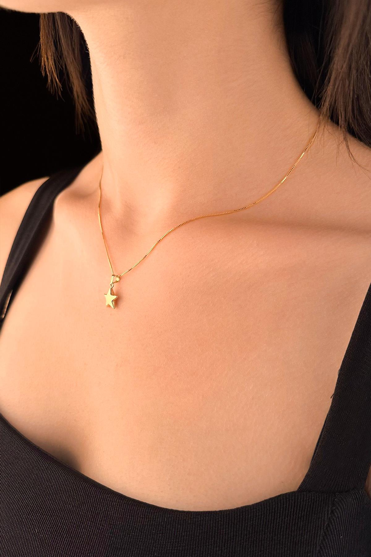 14K Gold Fine Box Chain Puffy Star Necklace