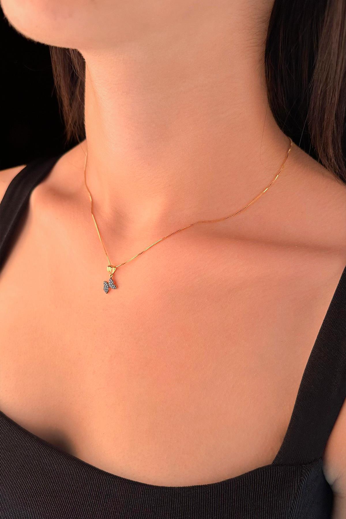 14K Gold Fine Box Chain Turquoise Stone Butterfly Necklace