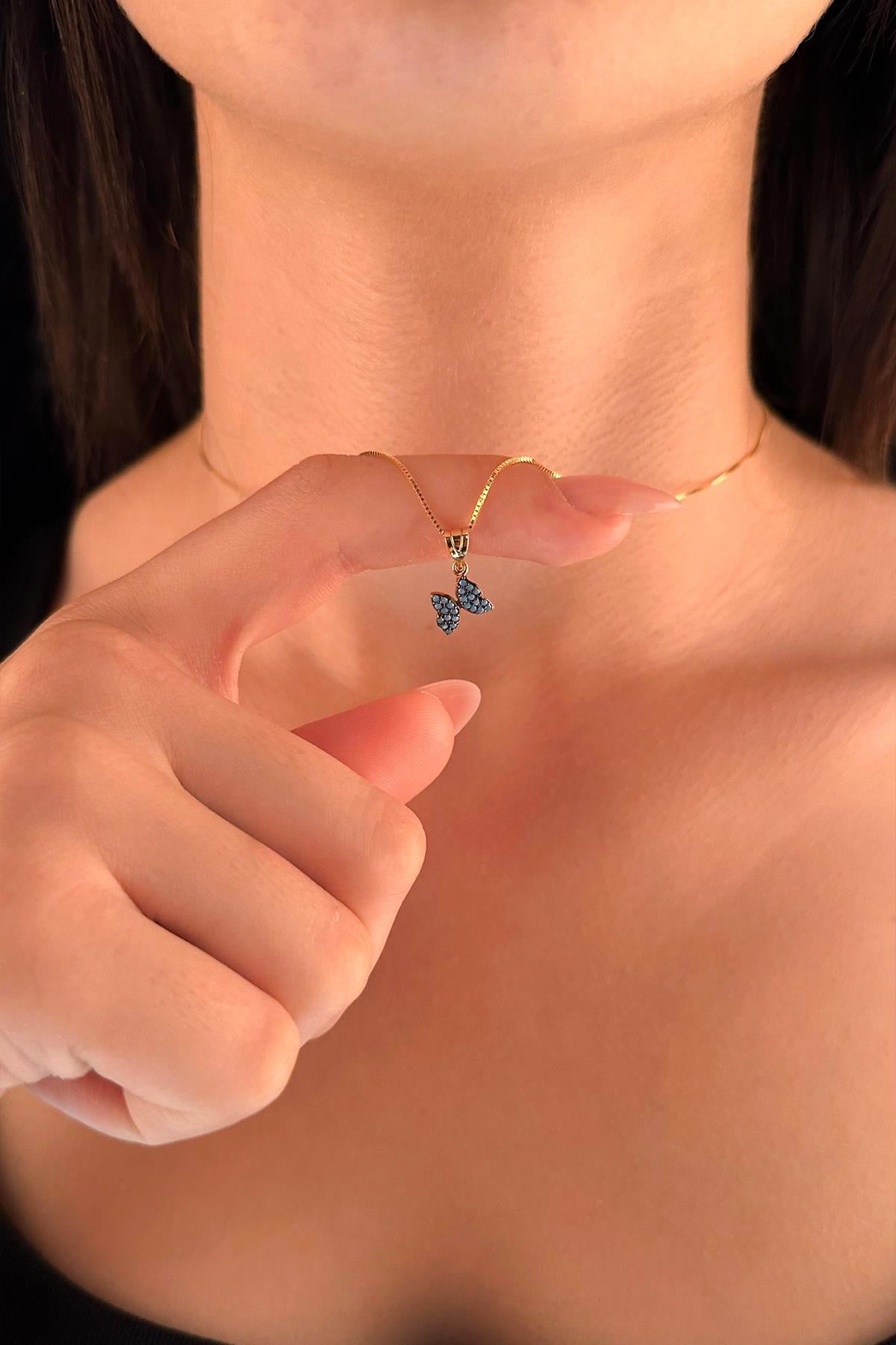 14K Gold Fine Box Chain Turquoise Stone Butterfly Necklace