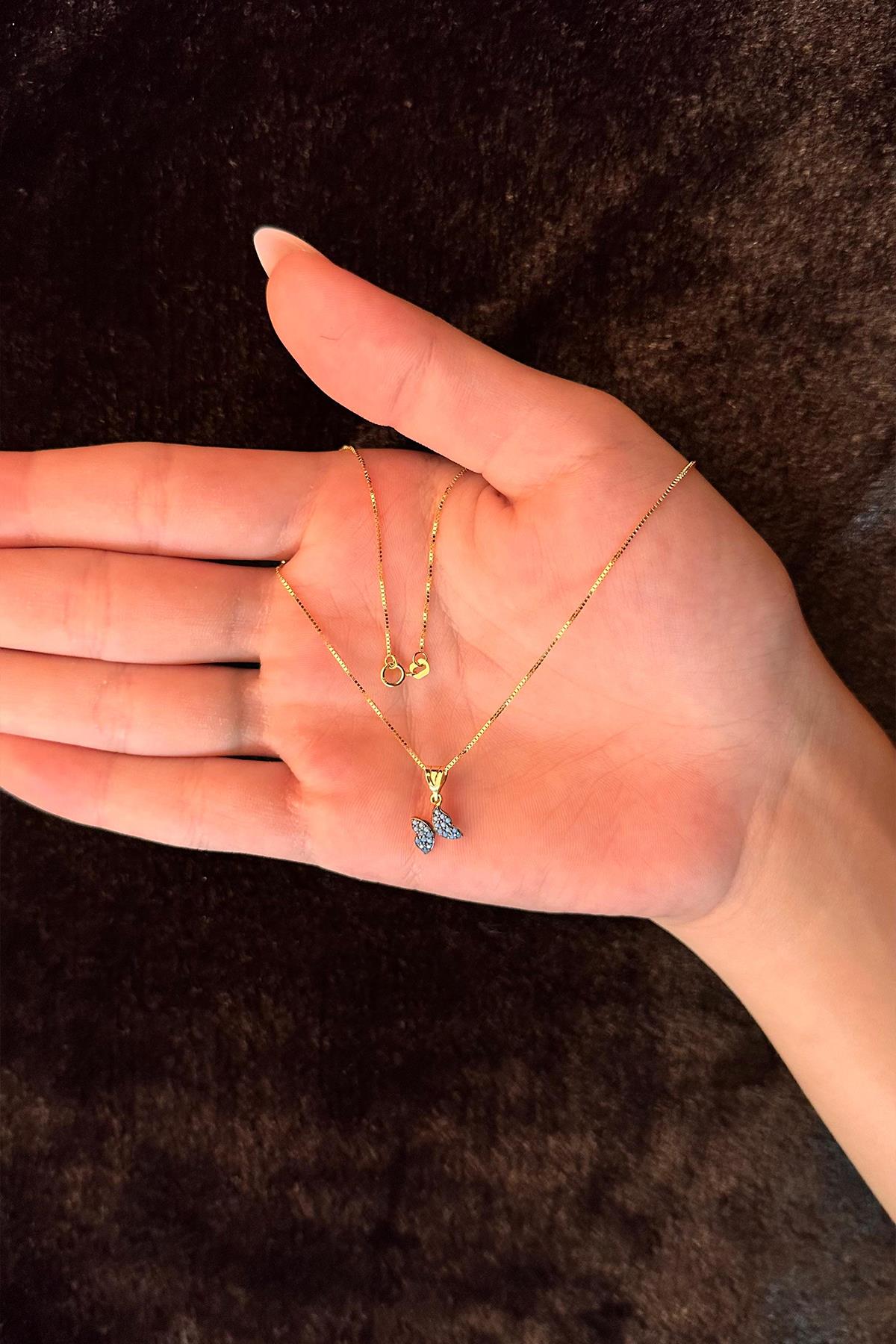 14K Gold Fine Box Chain Turquoise Stone Butterfly Necklace