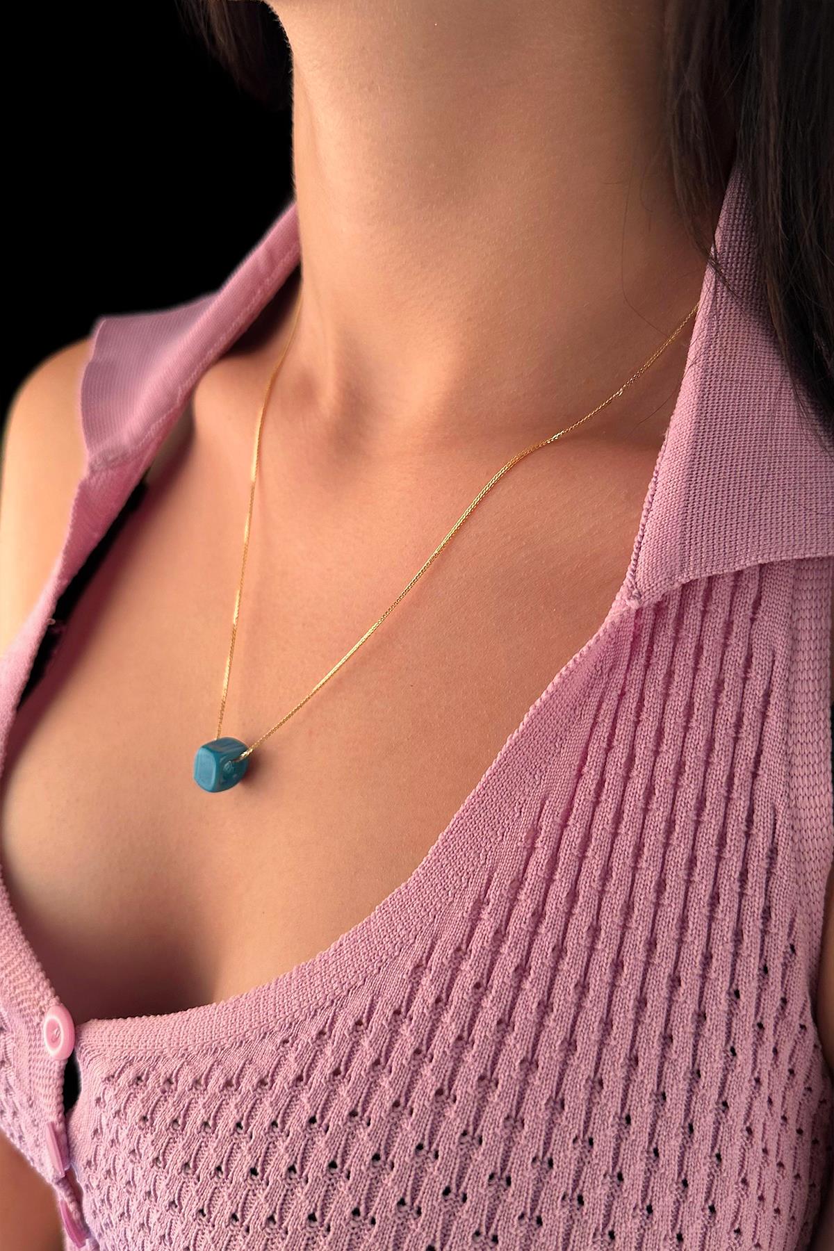 14K Gold Fine Foxtail Blue Box Necklace