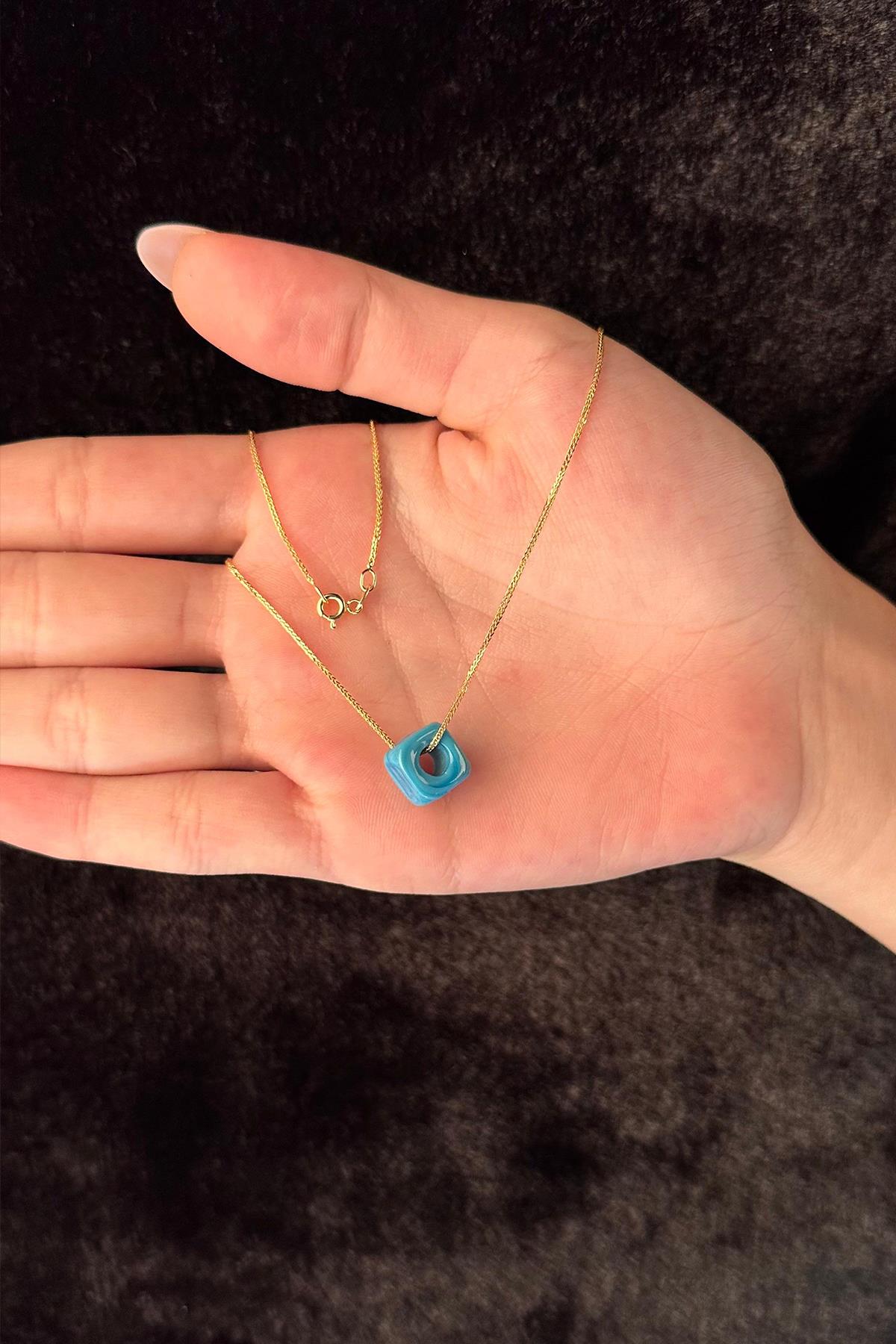 14K Gold Fine Foxtail Blue Box Necklace