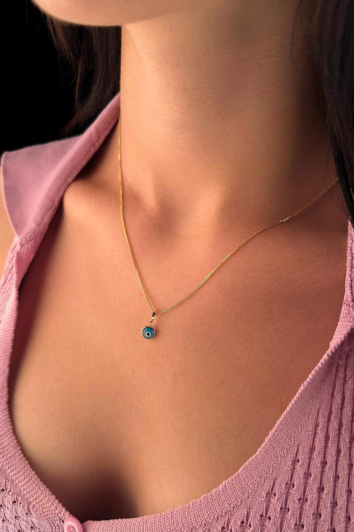 14K Gold Fine Foxtail Evil Eye Necklace