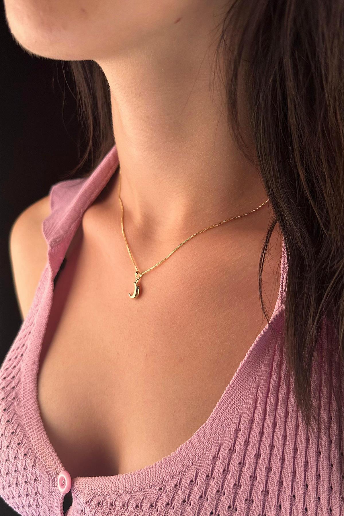 14K Gold Fine Foxtail Puff Crescent Necklace