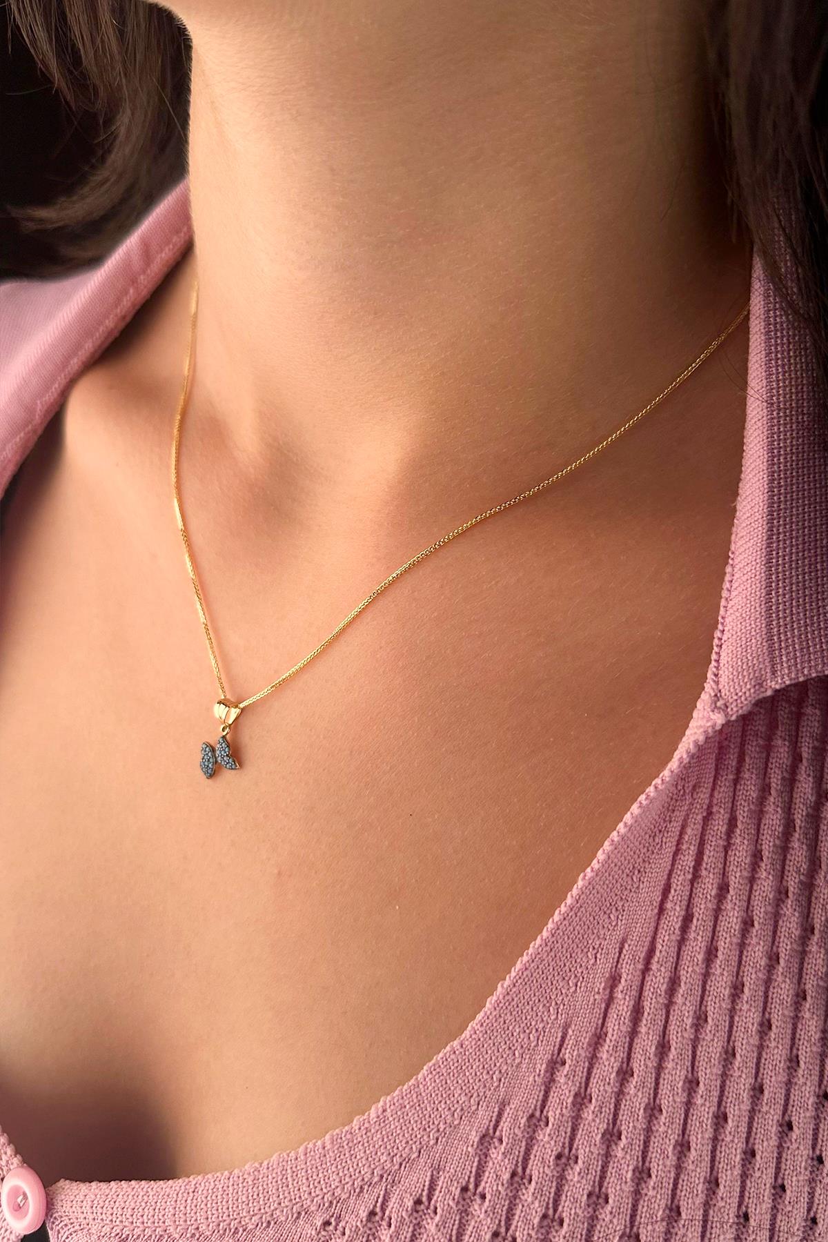 14K Gold Fine Foxtail Turquoise Stone Butterfly Necklace