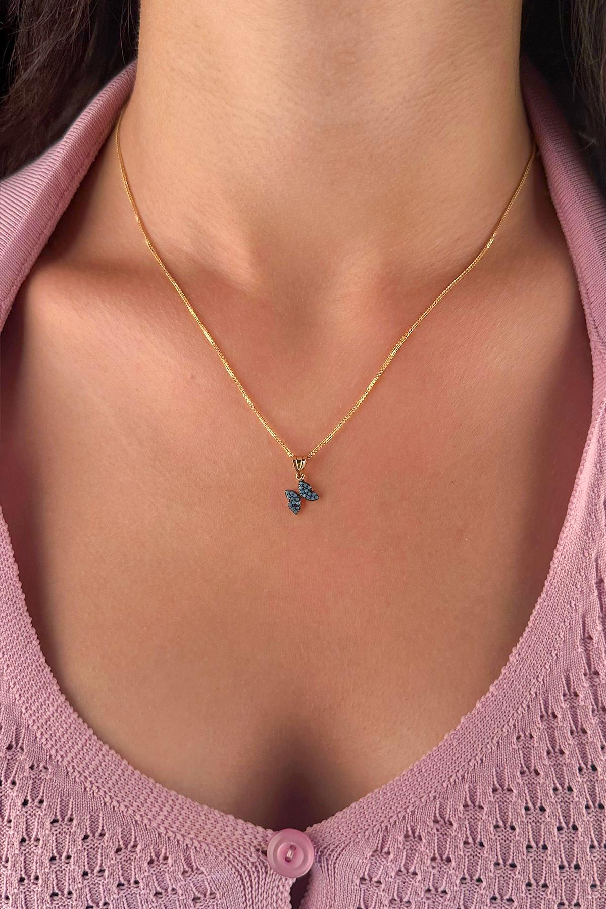 14K Gold Fine Foxtail Turquoise Stone Butterfly Necklace