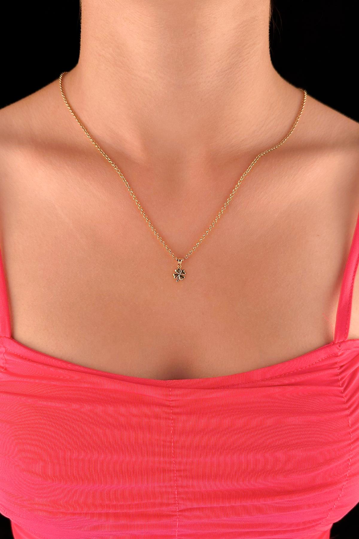 14K Gold Fine Rolo Chain Clover Necklace