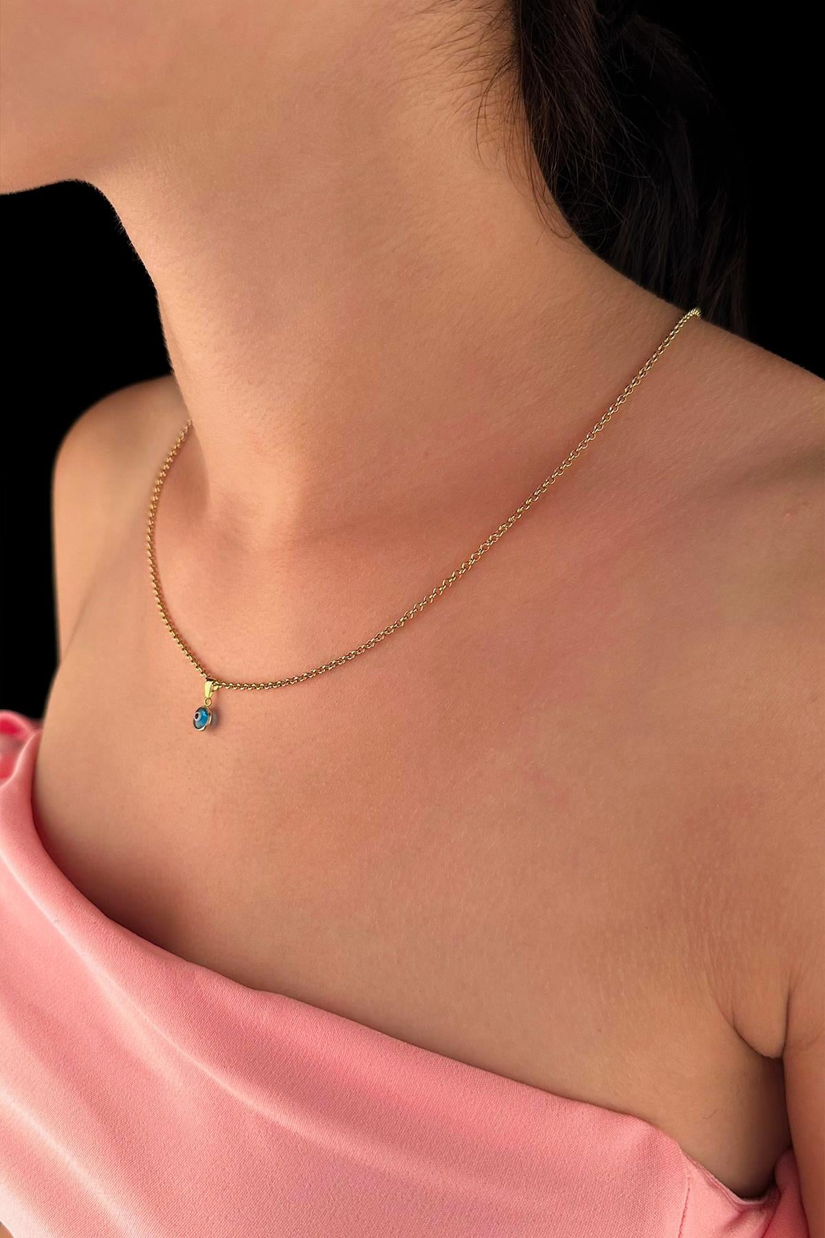 14K Gold Fine Rolo Chain Evil Eye Necklace