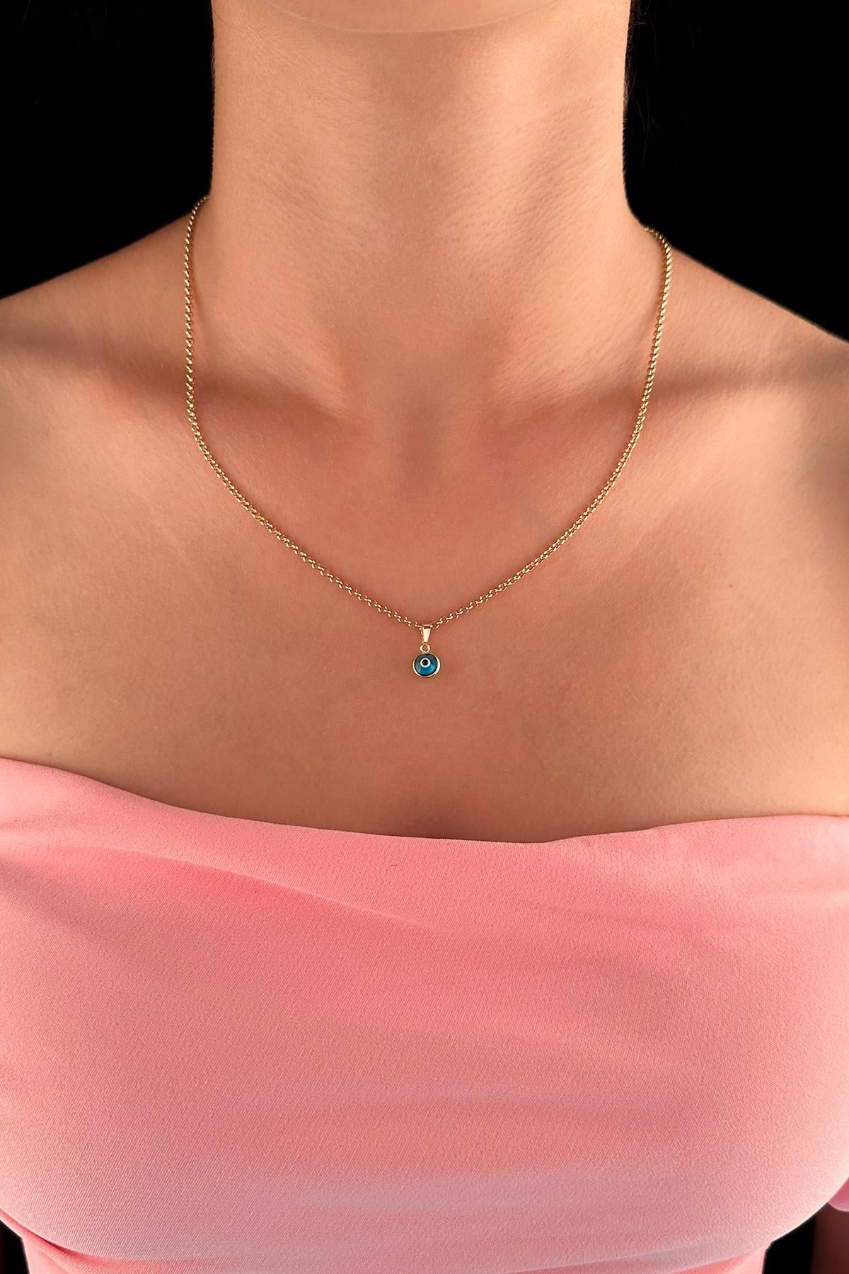 14K Gold Fine Rolo Chain Evil Eye Necklace