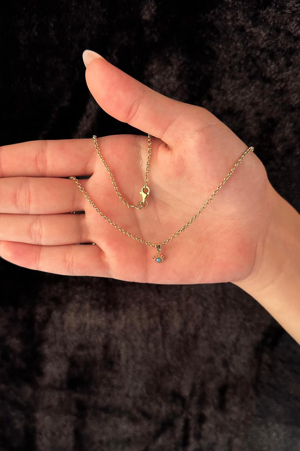 14K Gold Fine Rolo Chain Evil Eye Necklace