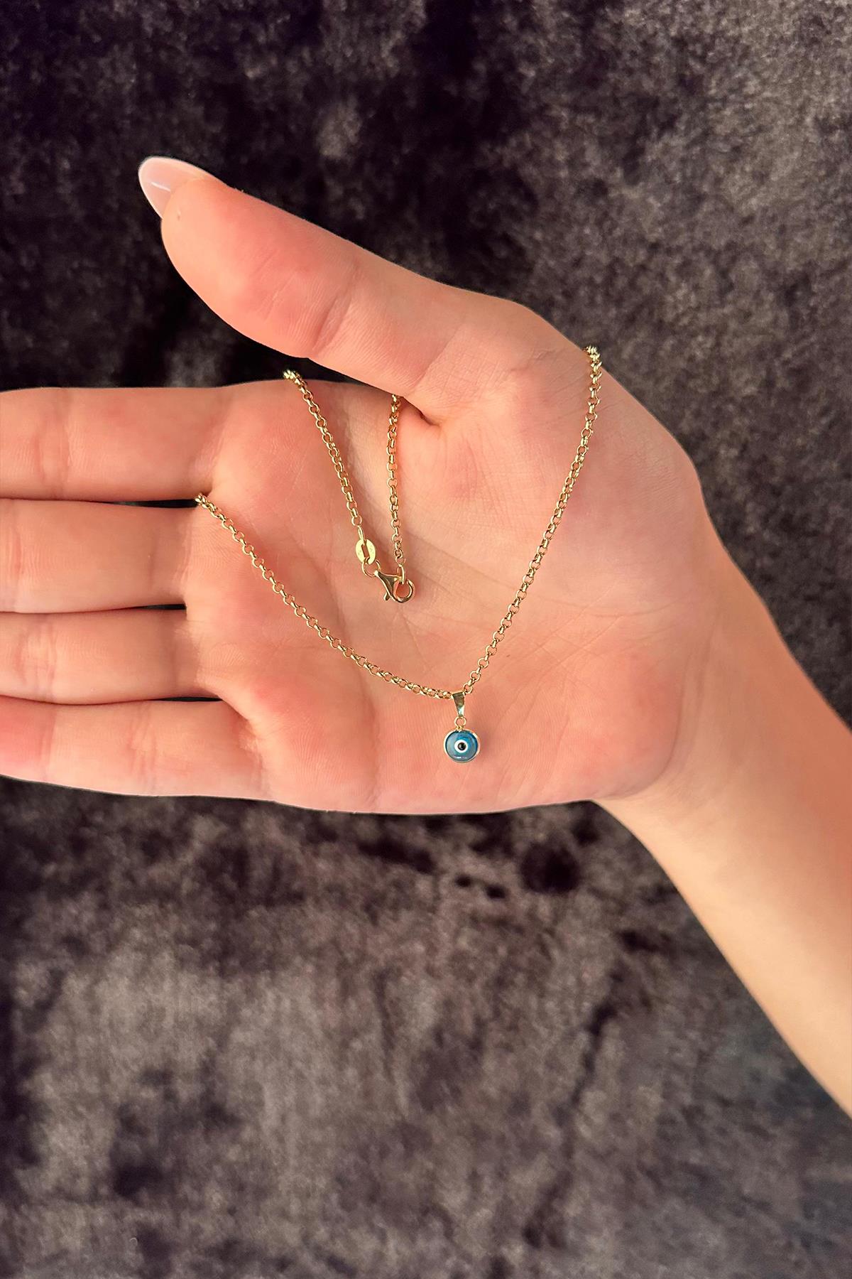 14K Gold Fine Rolo Chain Evil Eye Necklace