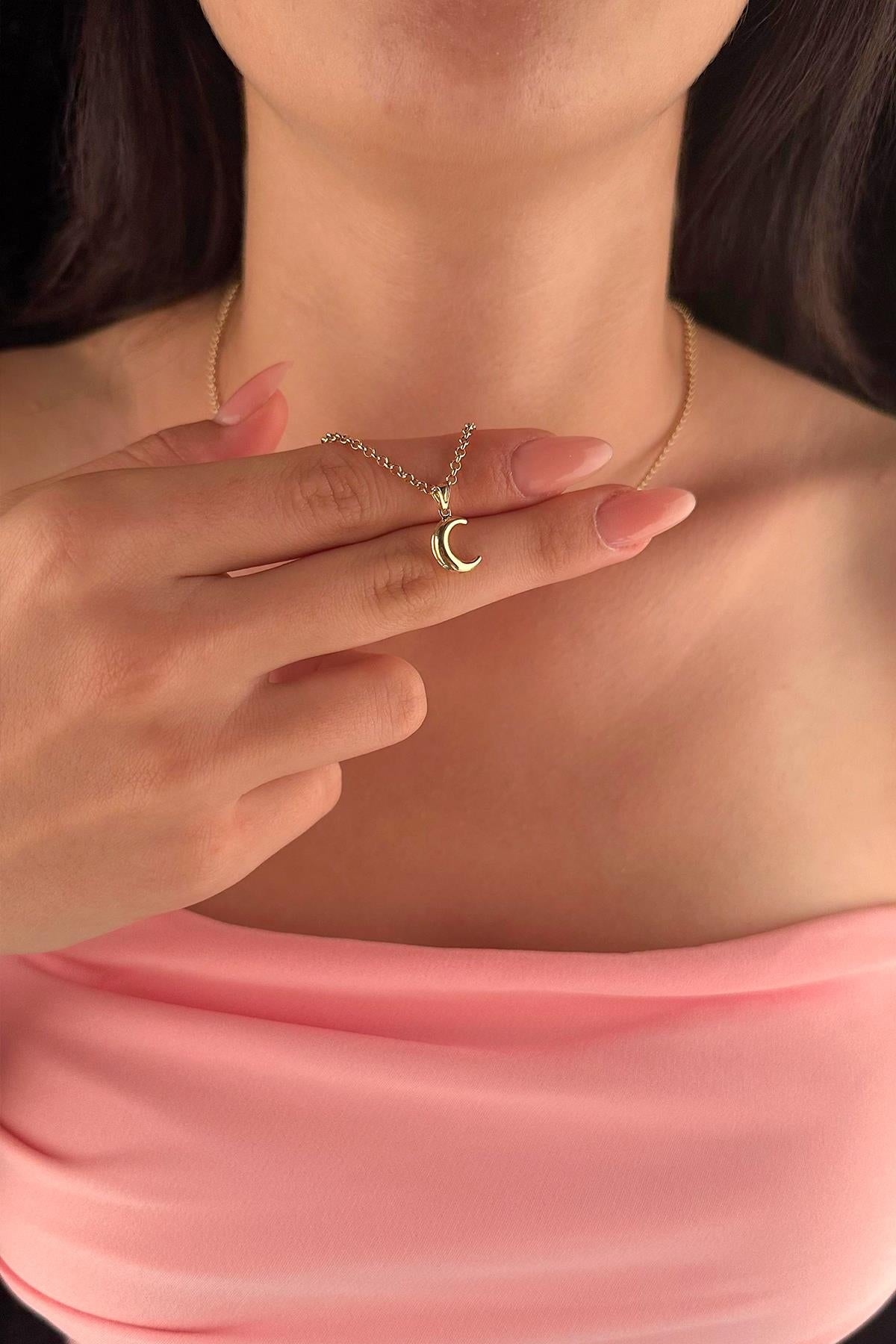 14K Gold Fine Rolo Chain Puff Crescent Necklace