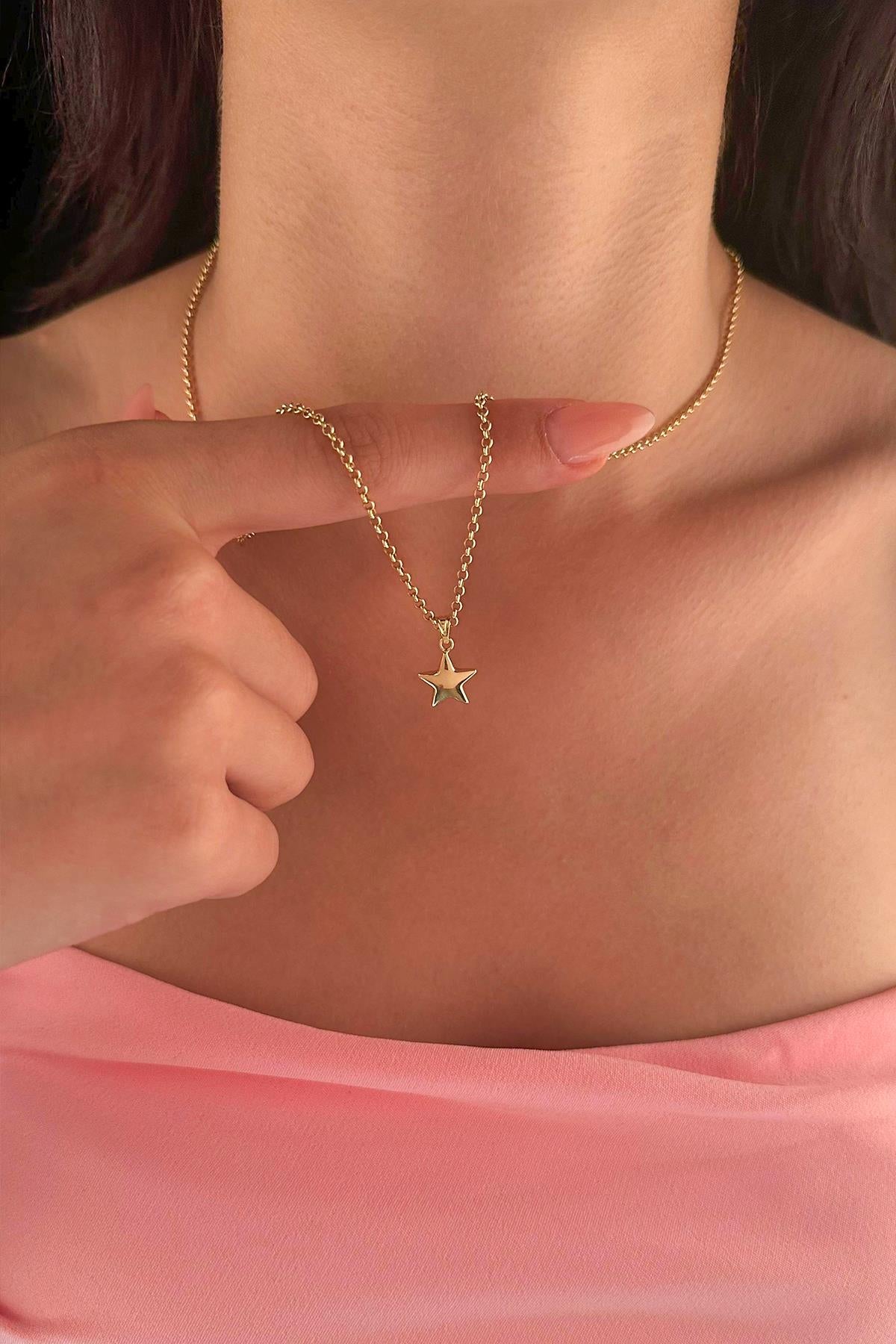 14K Gold Fine Rolo Chain Puffy Star Necklace