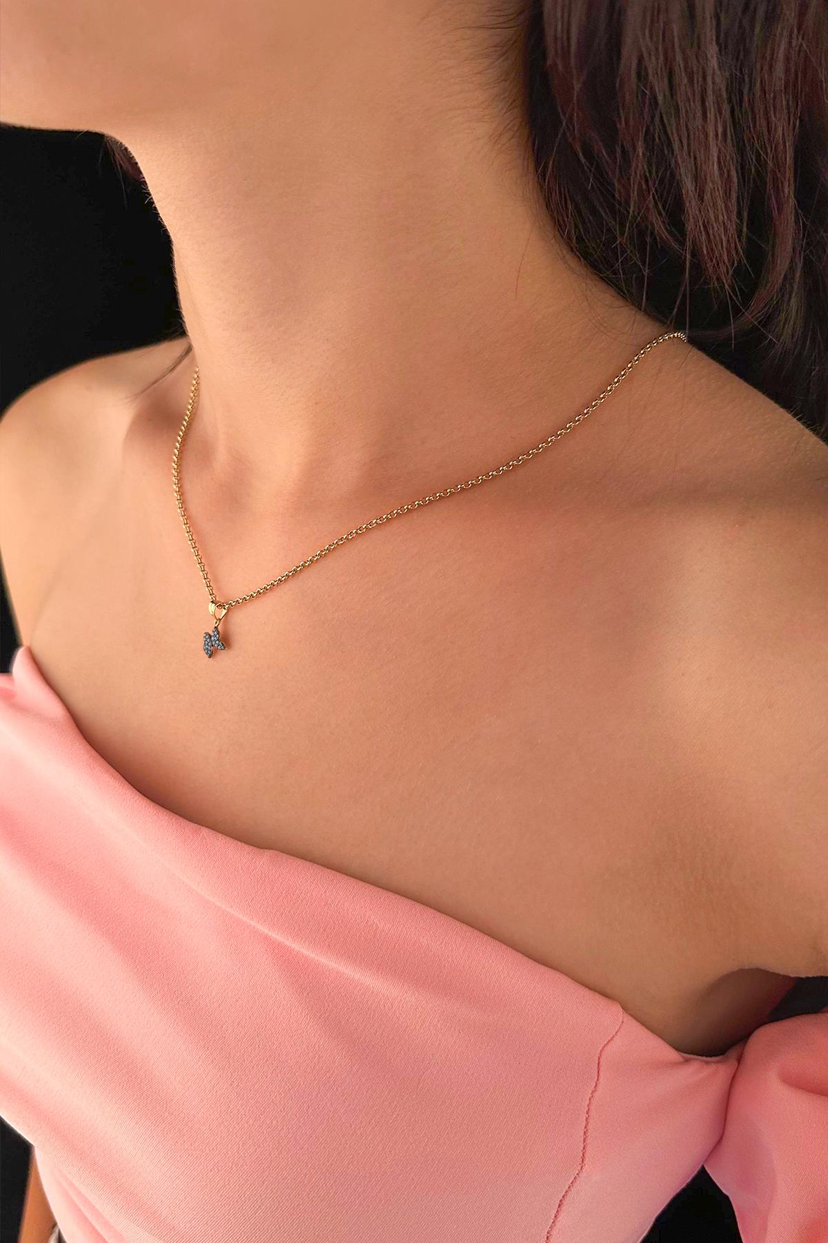 14K Gold Fine Rolo Chain Turquoise Stone Butterfly Necklace