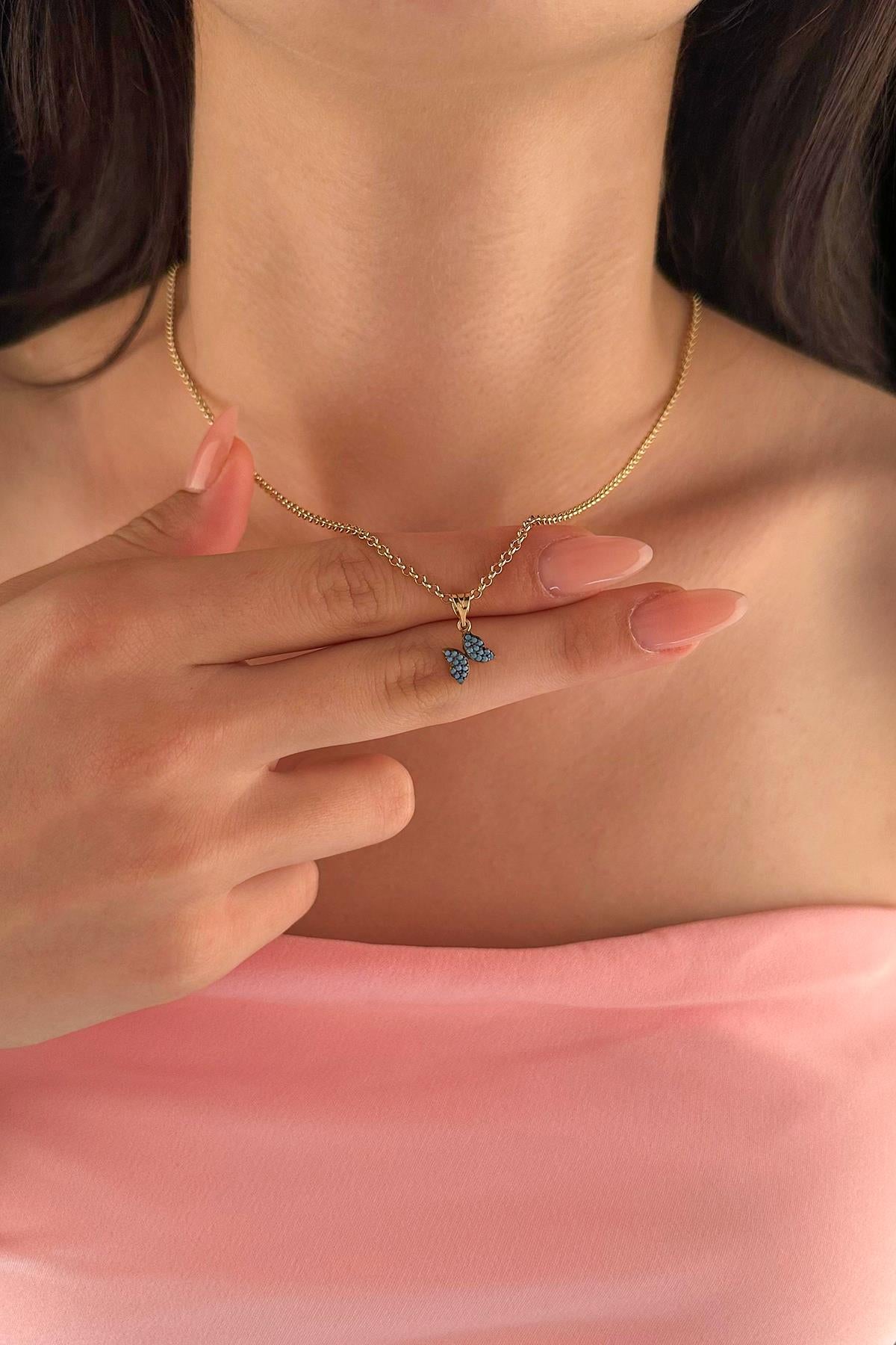 14K Gold Fine Rolo Chain Turquoise Stone Butterfly Necklace