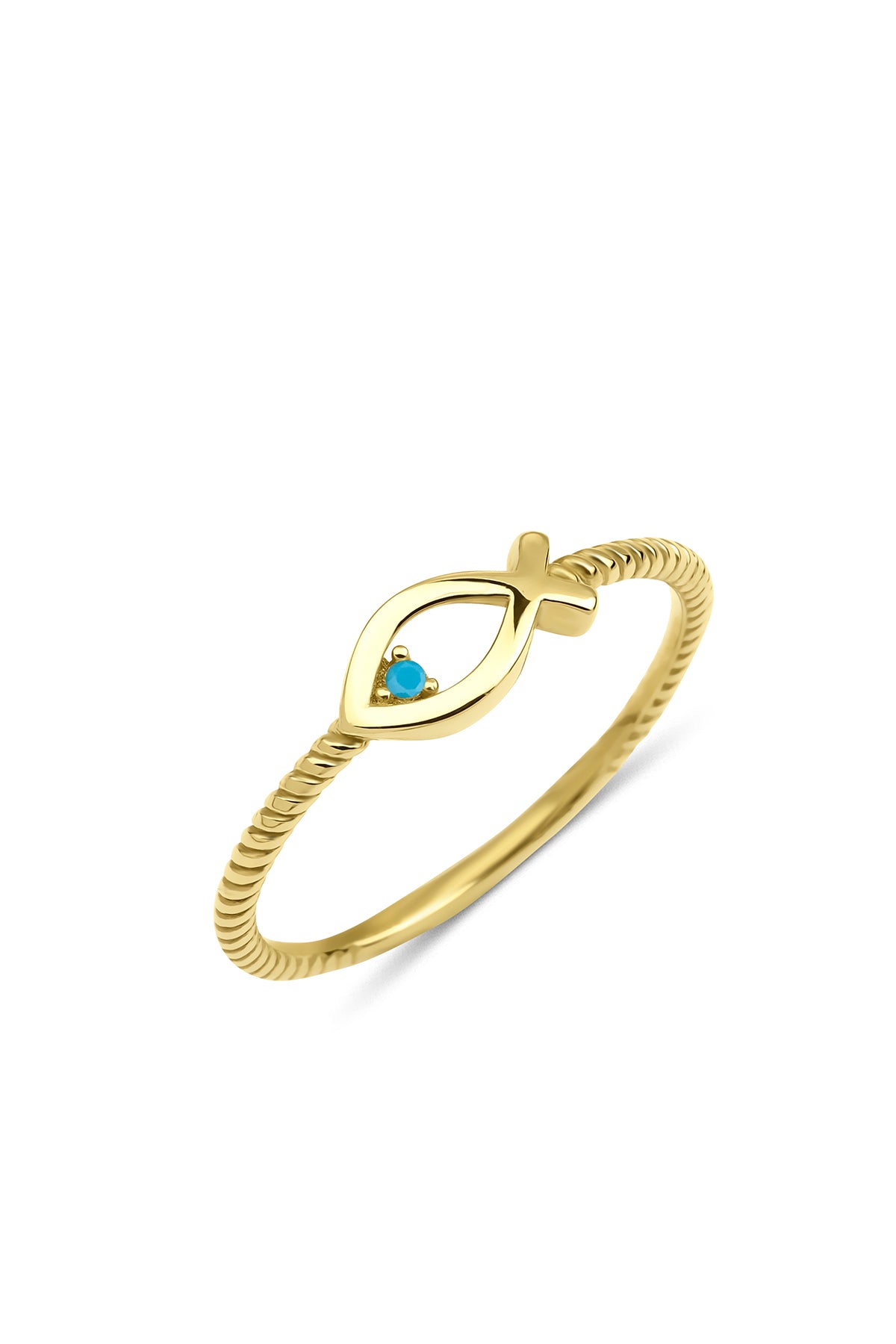 14K Gold Fish Design Ring With Turquoise Blue Stone