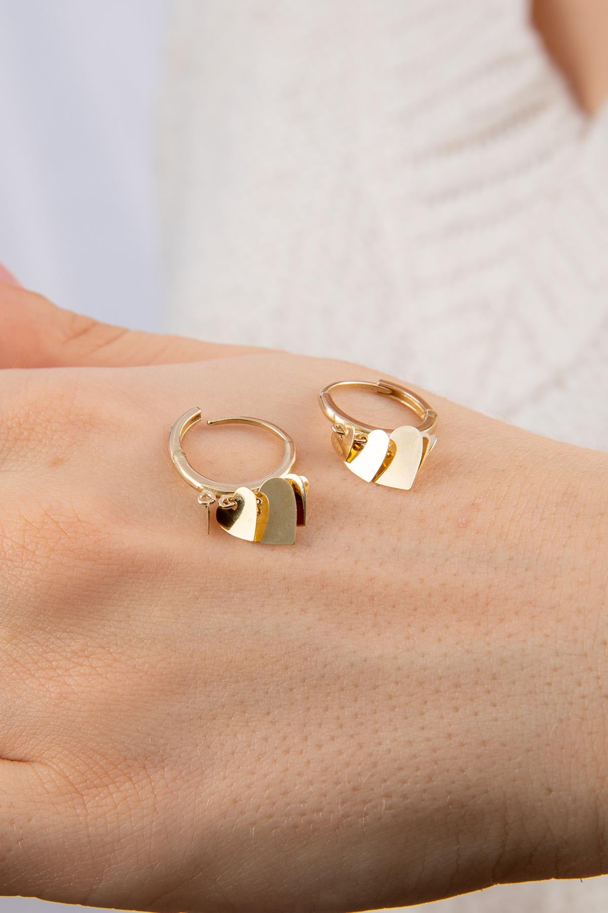 14K Gold Flat Hearts Dangle Huggie Earrings