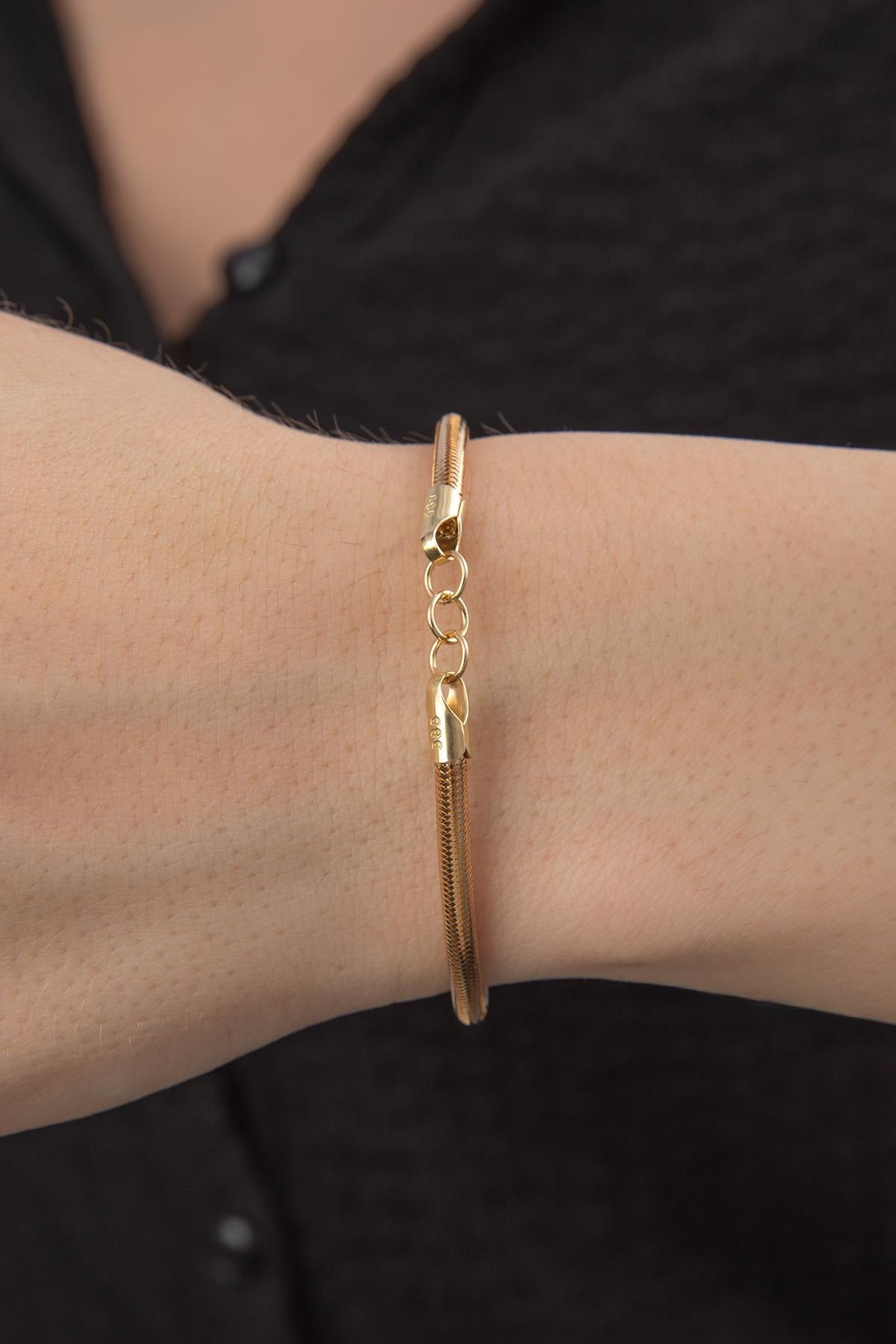 14k Solid Gold Flexible Italian Bracelet, 3mm Mesh Chain, Adjustable Gold Bangle, Real Gold Stacking Bracelet, Gift for Her