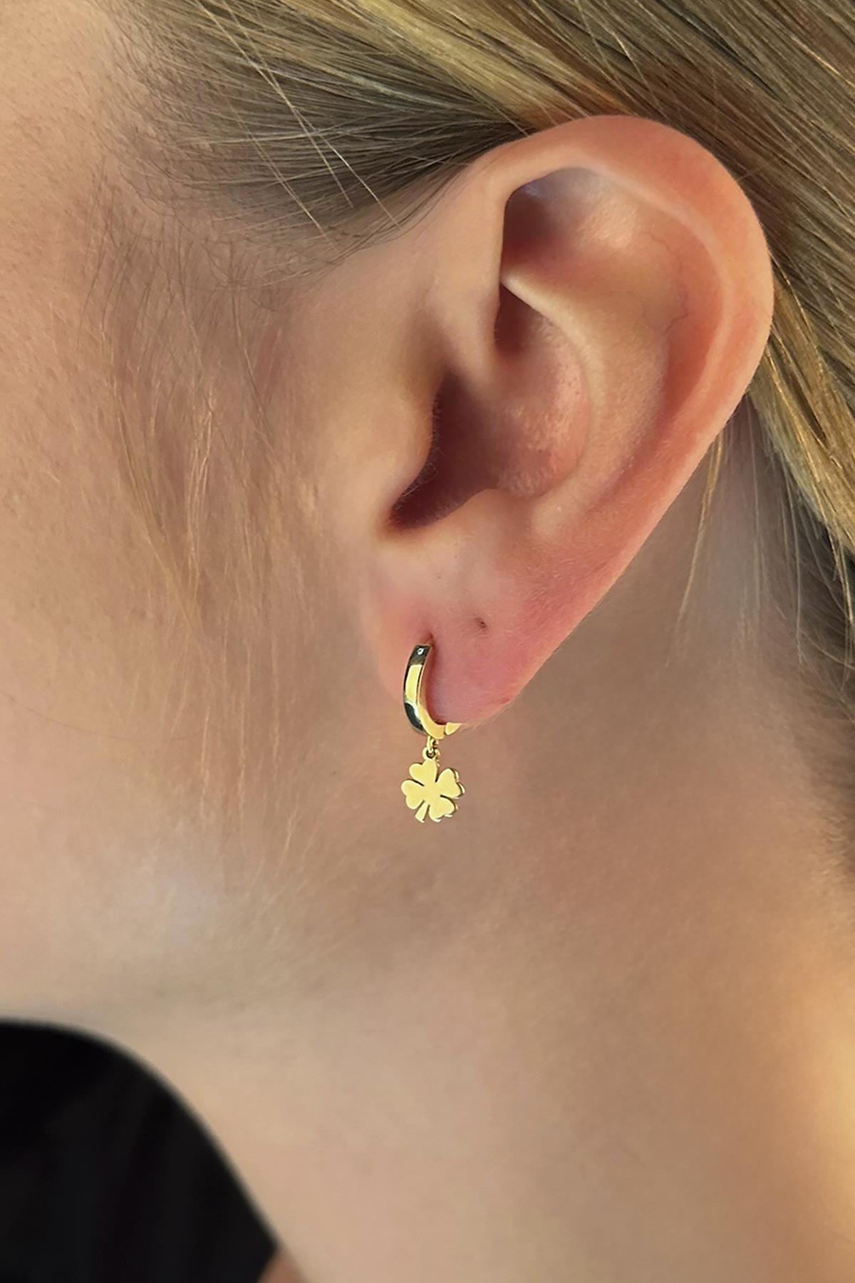 14K Gold Four Leaf Clover Huggie Hoop Earrings