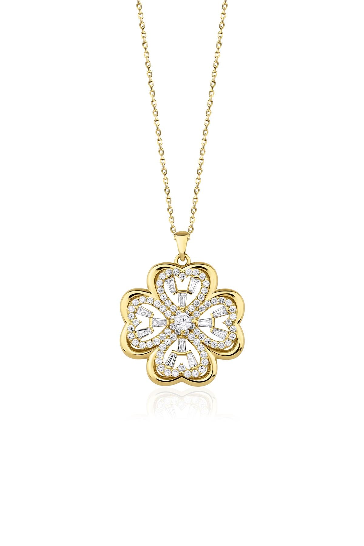 14K Gold Four Leaf Clover Necklace With White Stone İn The Middle