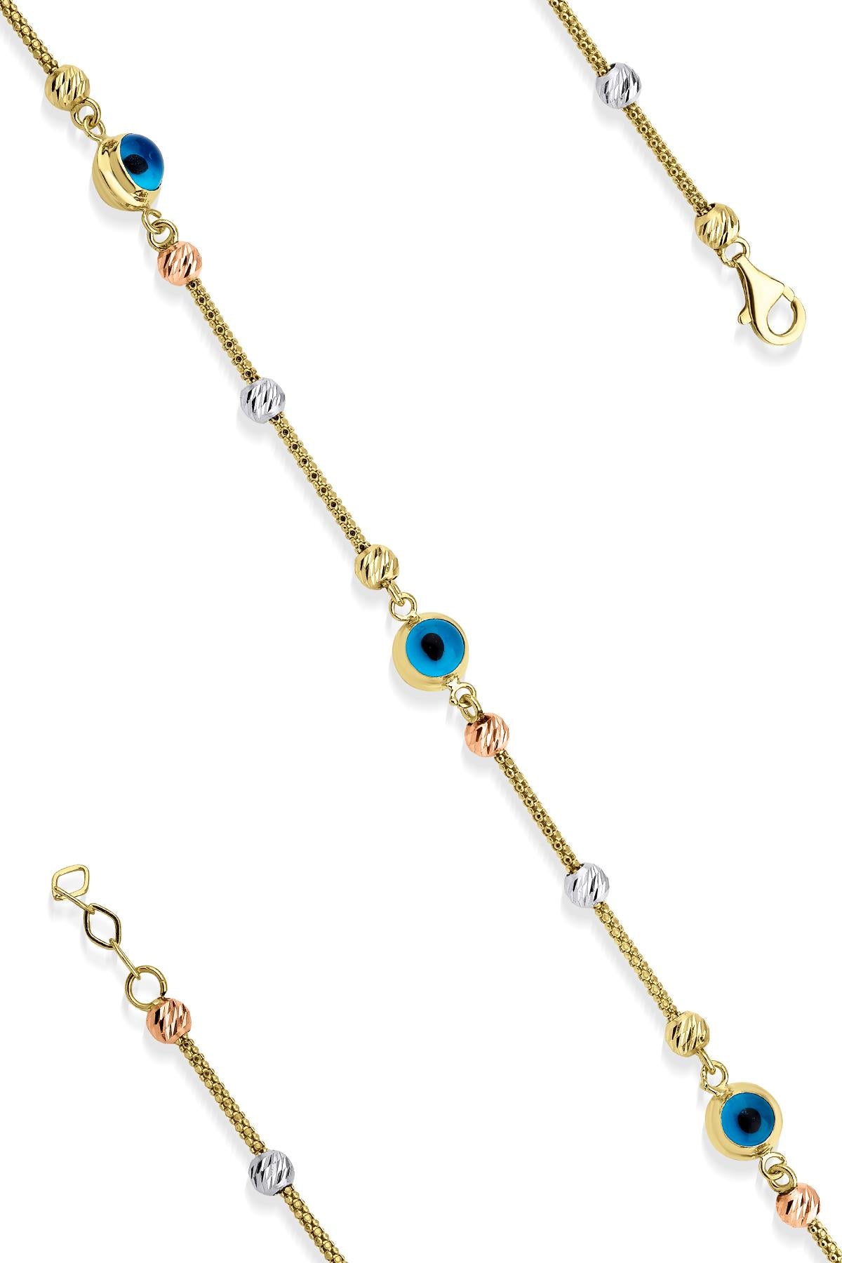14K Gold Foxtail Evil Eye Bracelet