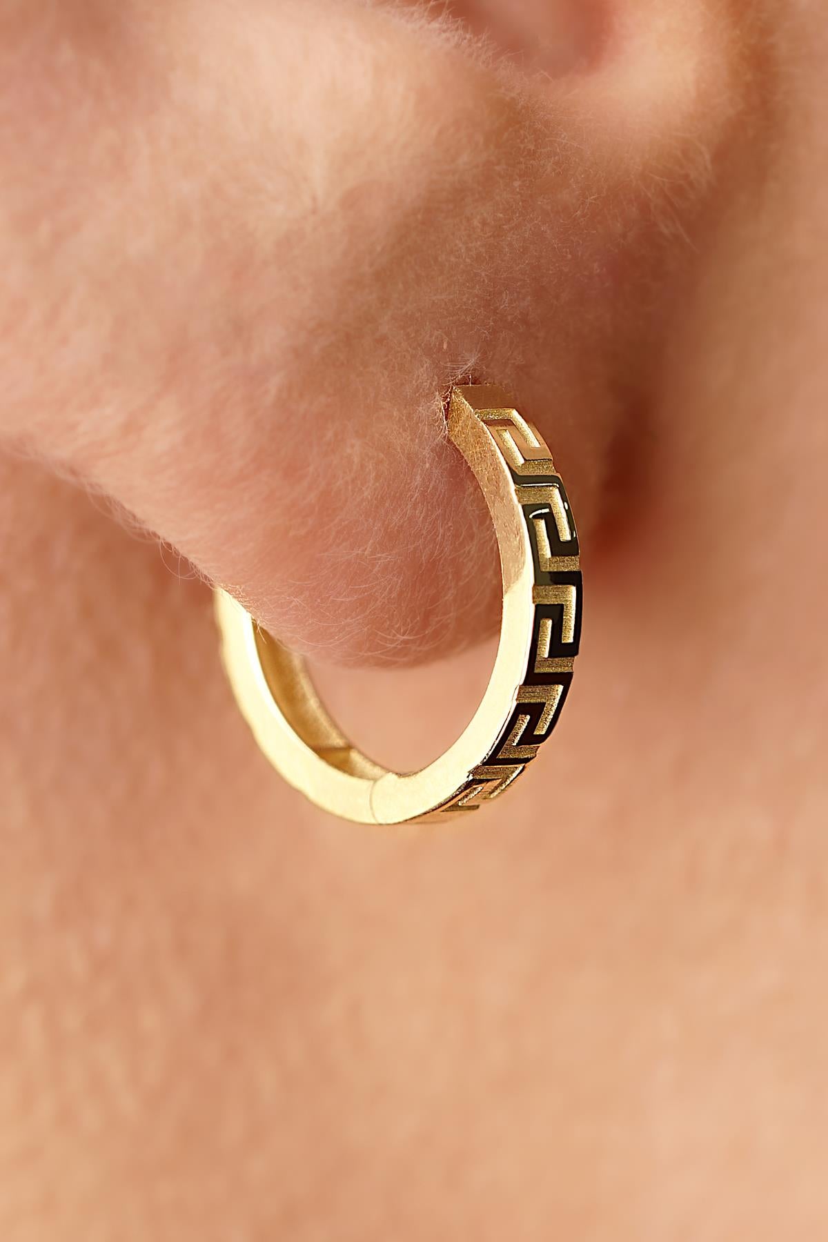 14K Solid Gold Greek Key Meander Hoops