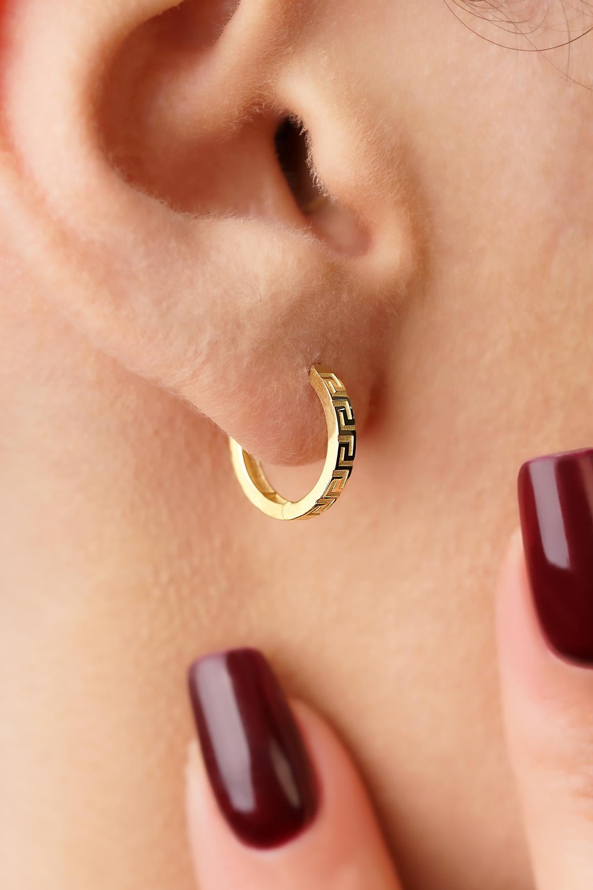14K Solid Gold Greek Key Meander Hoops