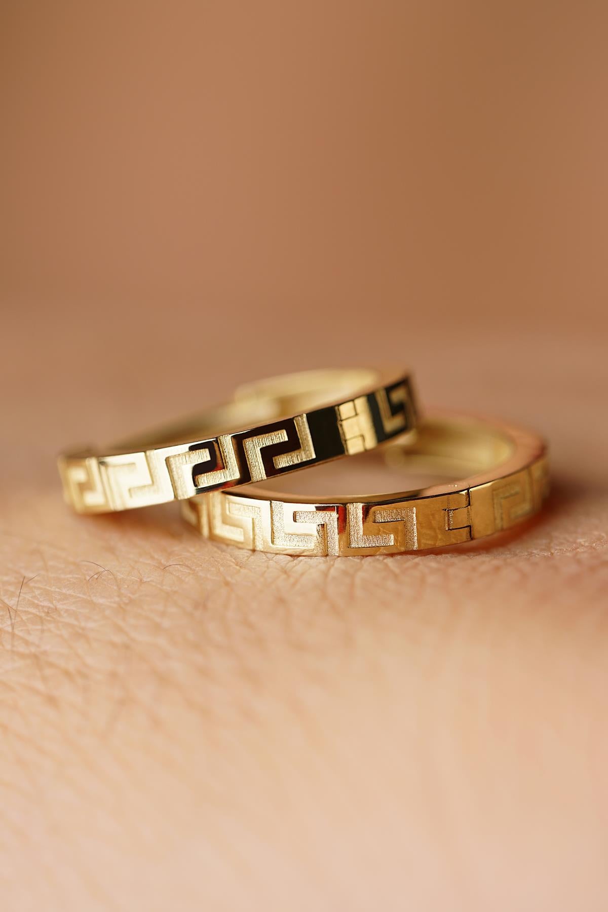 14K Solid Gold Greek Key Meander Hoops
