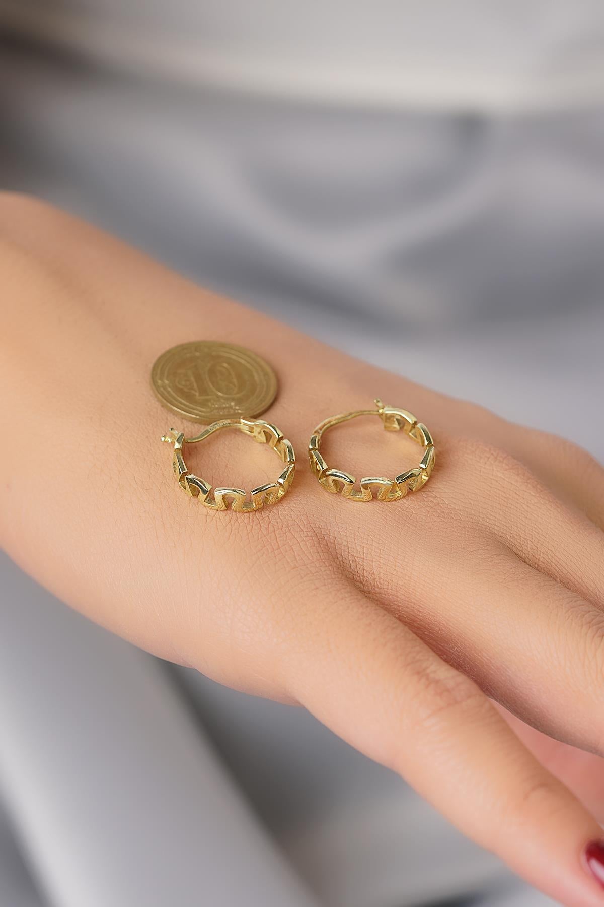 14K Gold Greek Pattern Meander Hoops