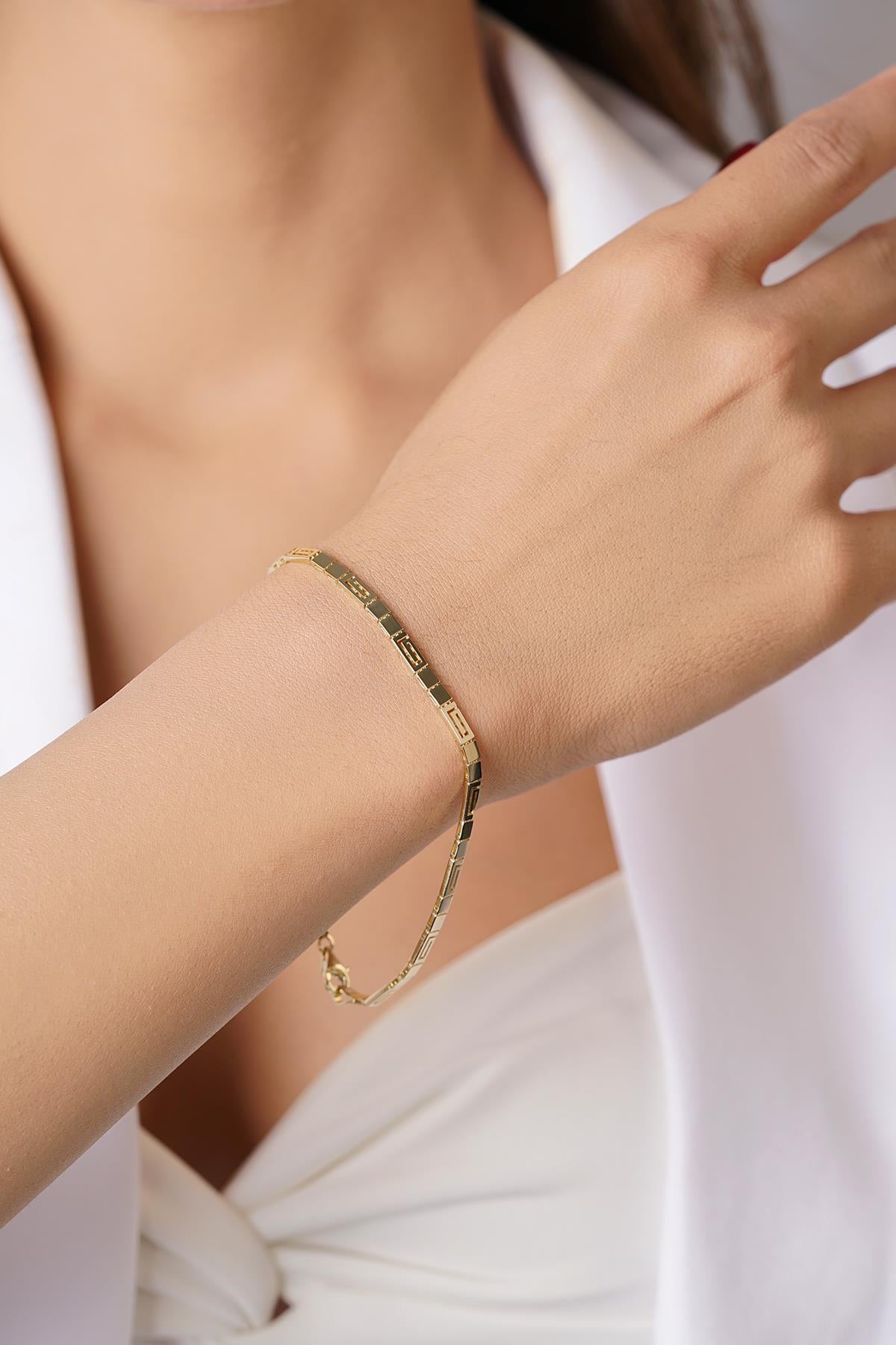 14K Solid Gold Greek Patterned Bracelet