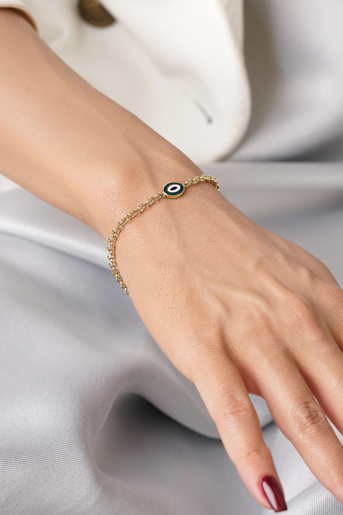 14K Gold Green Enamel Evil Eye D-Link Bracelet