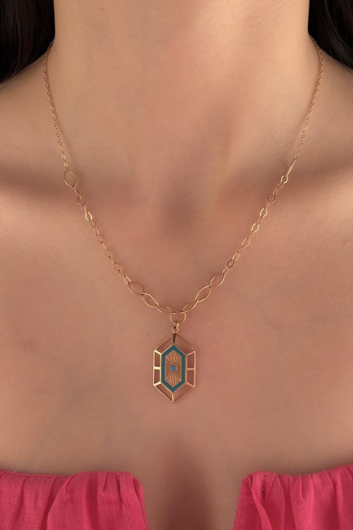 14K Gold Hexagon Necklace With Turquoise Stone
